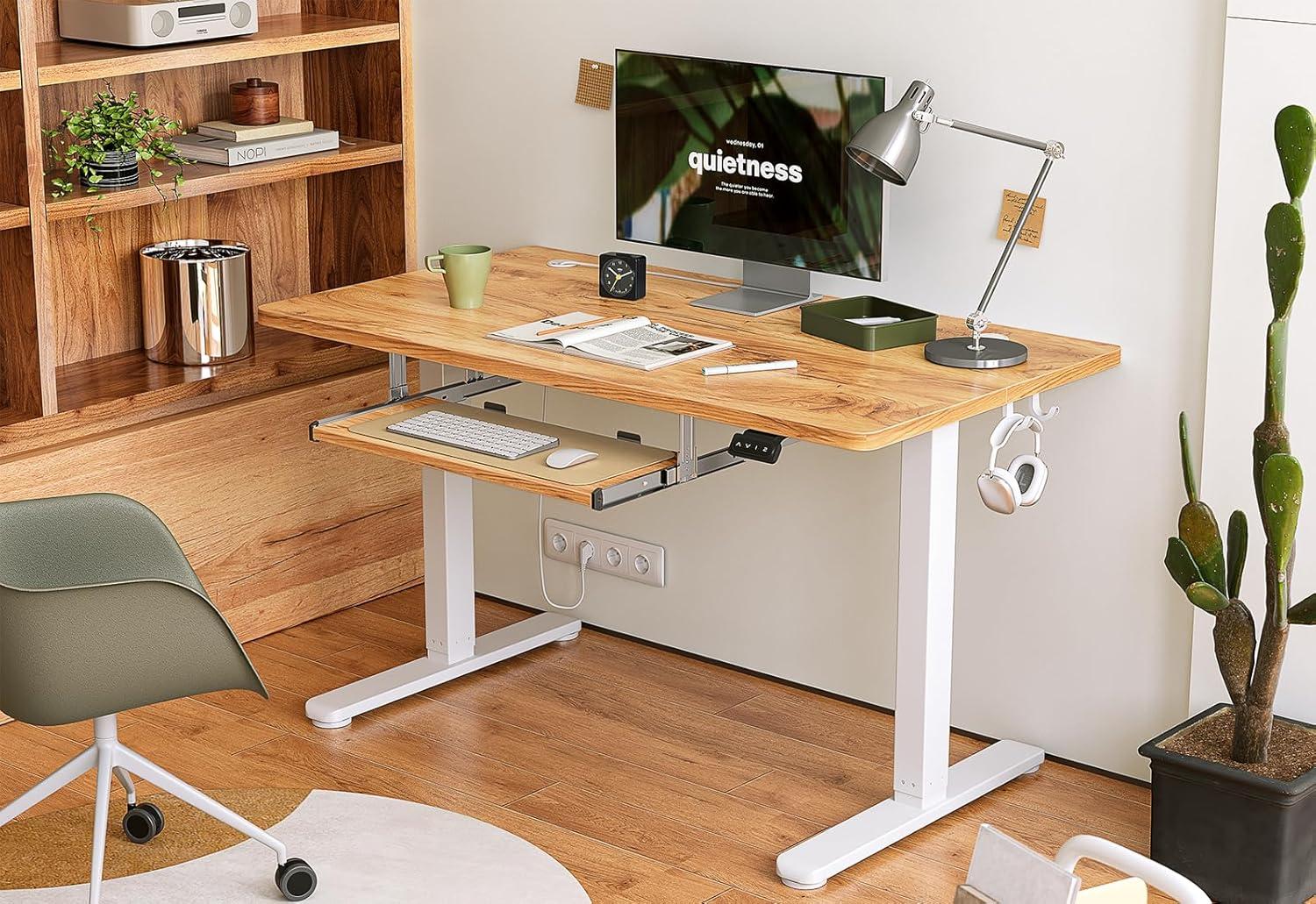 BANTI 55" x 24" Height Adjustable Electric Standing Desk with Keyboard Tray, Sit Stand up Desk with Splice Board, Black Frame/Rustic Brown Top