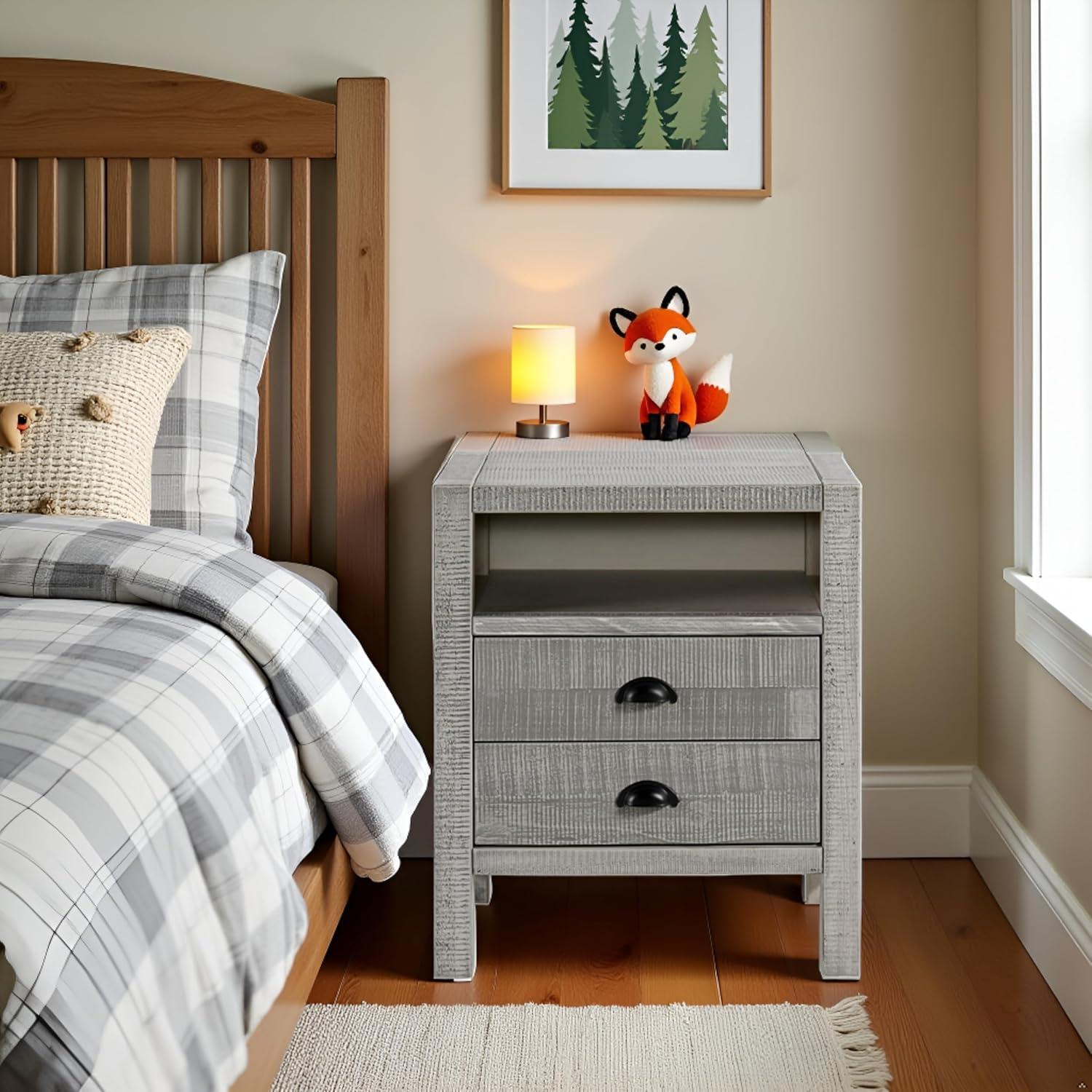 Windsor 2-Drawer Wood Nightstand for Kids Bedroom - Rustic Painted Finish, Metal Glides, Open Shelf Storage, Pine Wood Construction, 22 in. W x 17 in. D x 25 in. H, Distressed Look