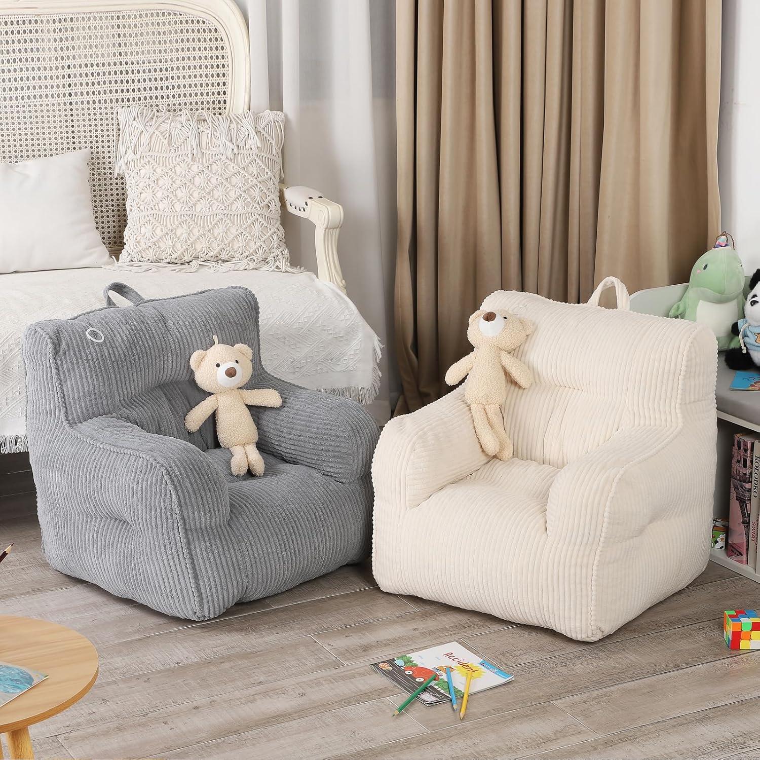 Grey Kids Bean Bag Chair with Plush Bear and Soft Fabric