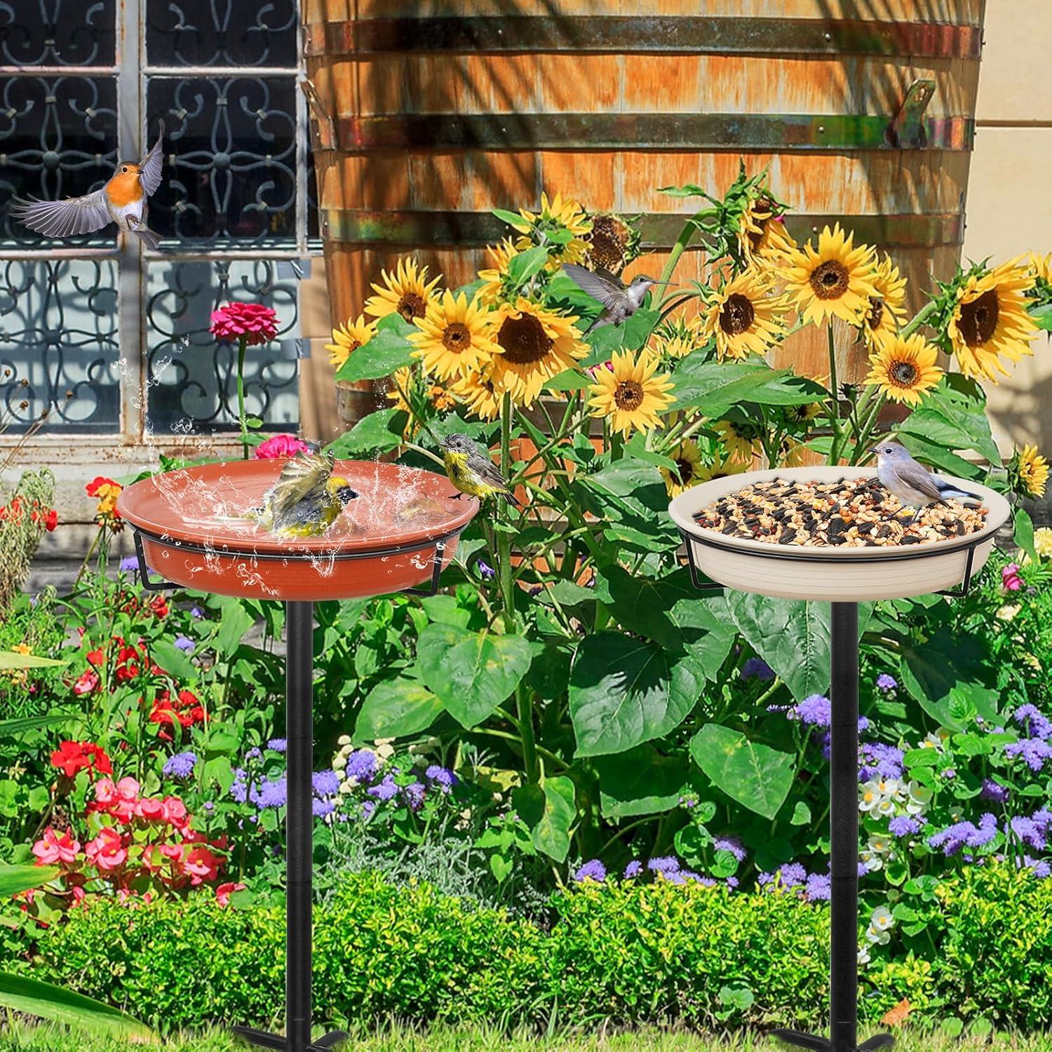 Freestanding Birdbaths Bowl Outdoor, Free Standing Garden Bird Bath Bird Feeder Bowl with Metal Stake, Detachable Decoration Spa Birdfeeder for Garden Patio Yard Lawn, 4 Spiky Feet (Brown)