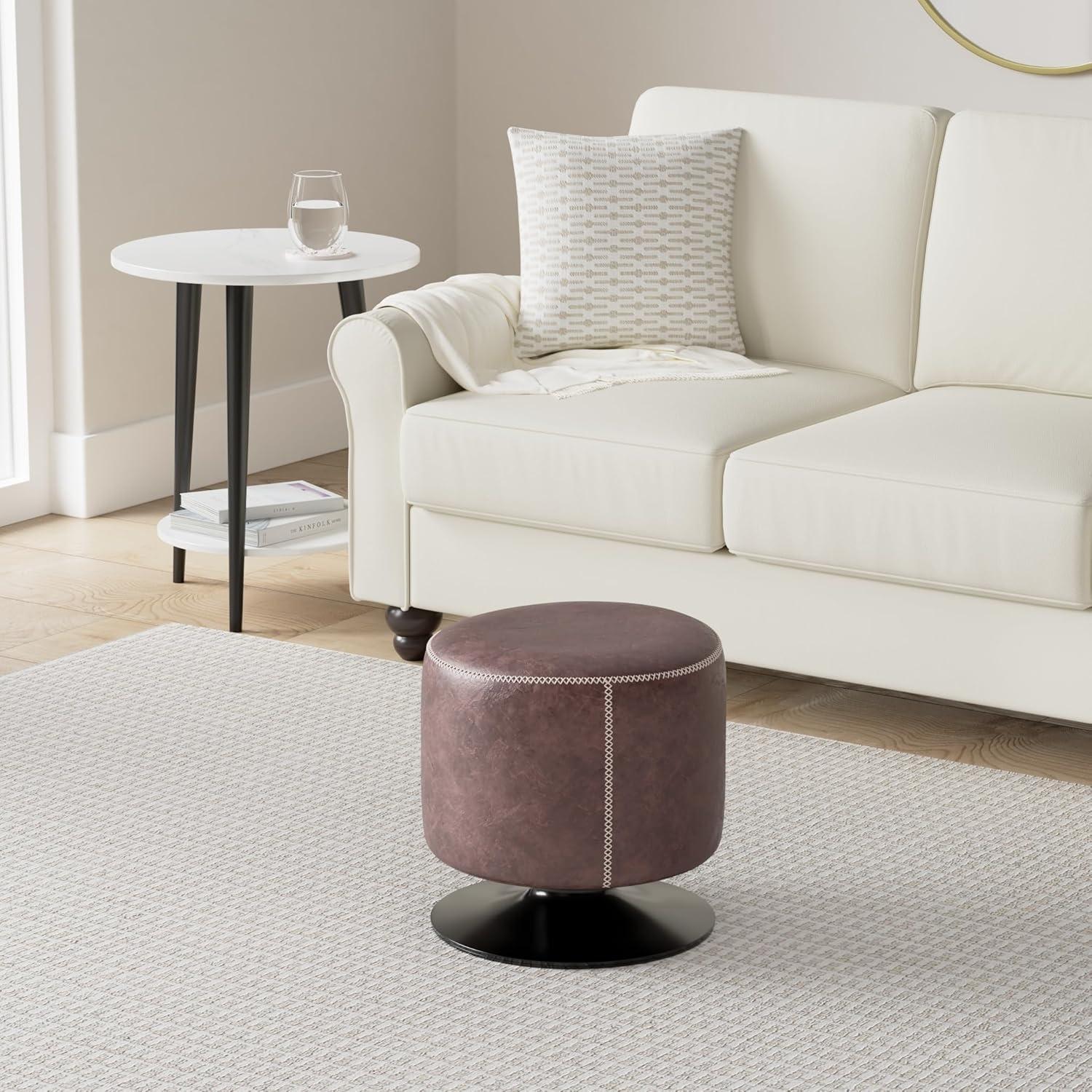 PaFagwy Gaia PU Leather Round Ottoman Ottomans & Cubes, Vintage Coffee Brown
