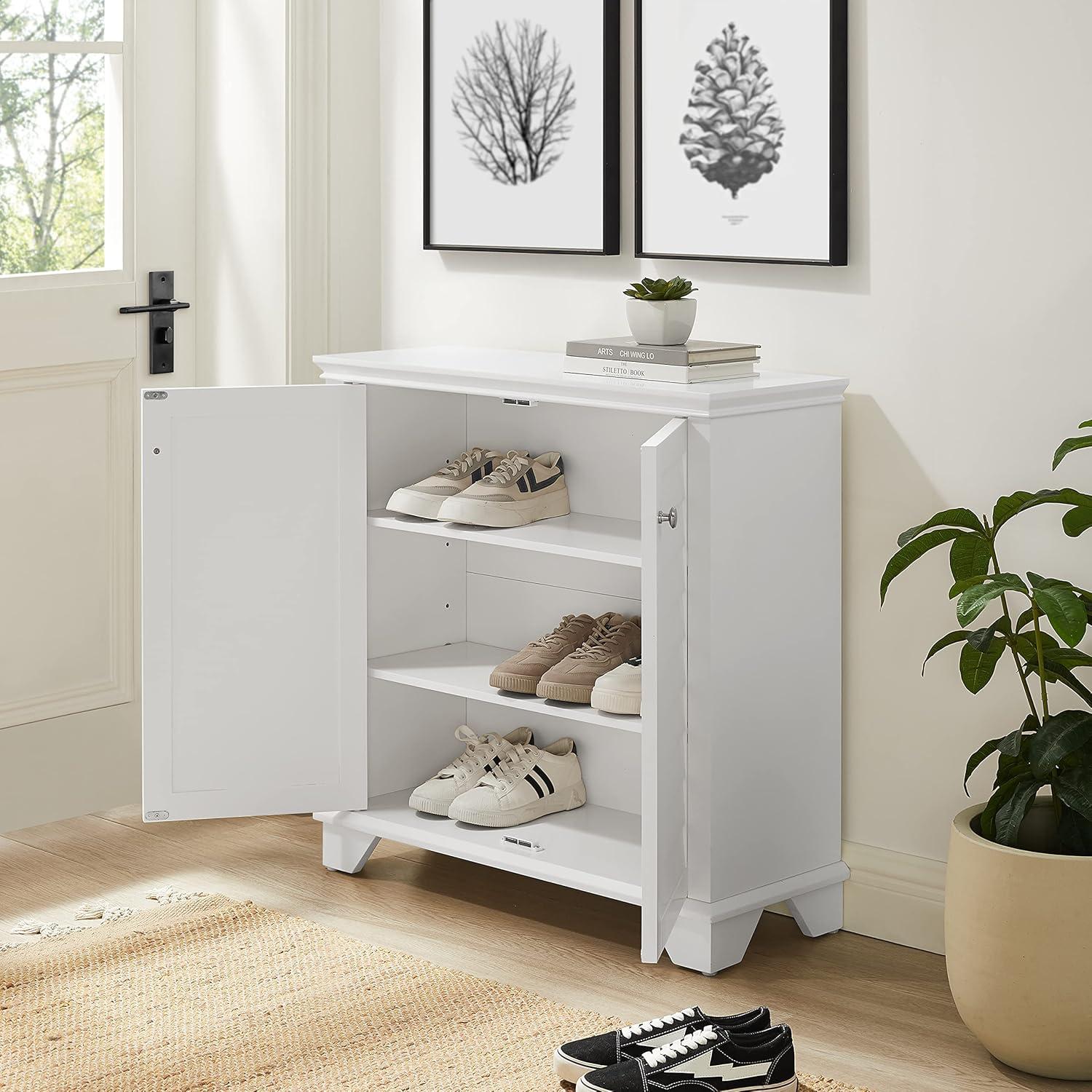 White Faux-Louvered Living Room Cabinet with Adjustable Shelving