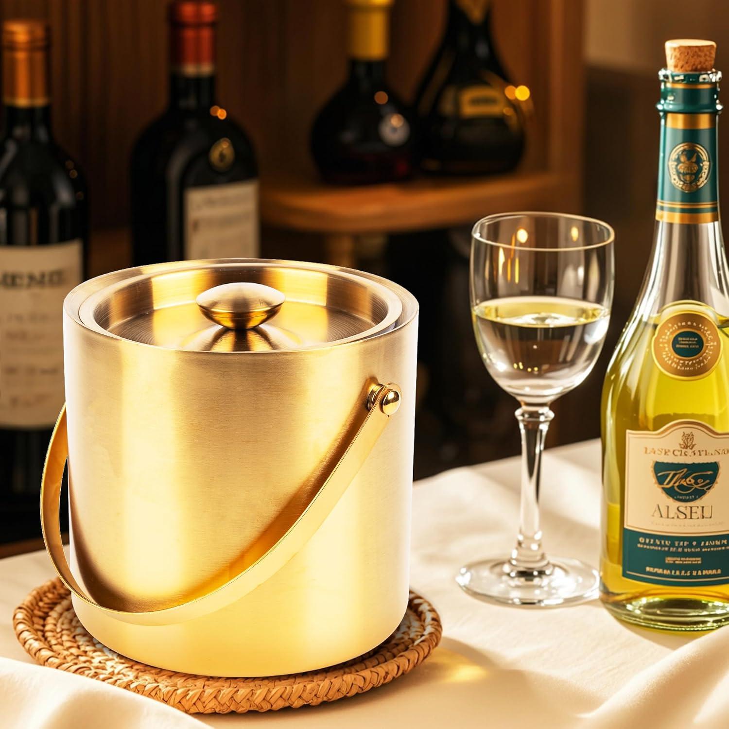 3L Double Wall Insulated Stainless Steel Ice Bucket with scoop & Strainer for Cocktail Bar,Metal Ice Bucket for freezer with Lid for parties.ice Container to Keep Ice Colder,bar cart accessories(gold)