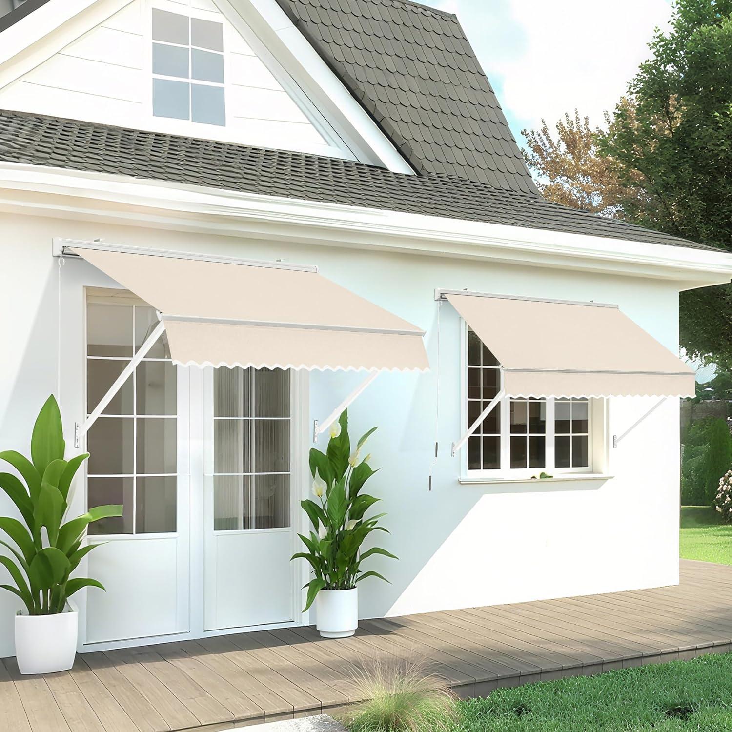 MCombo Polyester Cover Patio Window Awning, Manual Retractable Sunshade Canopy