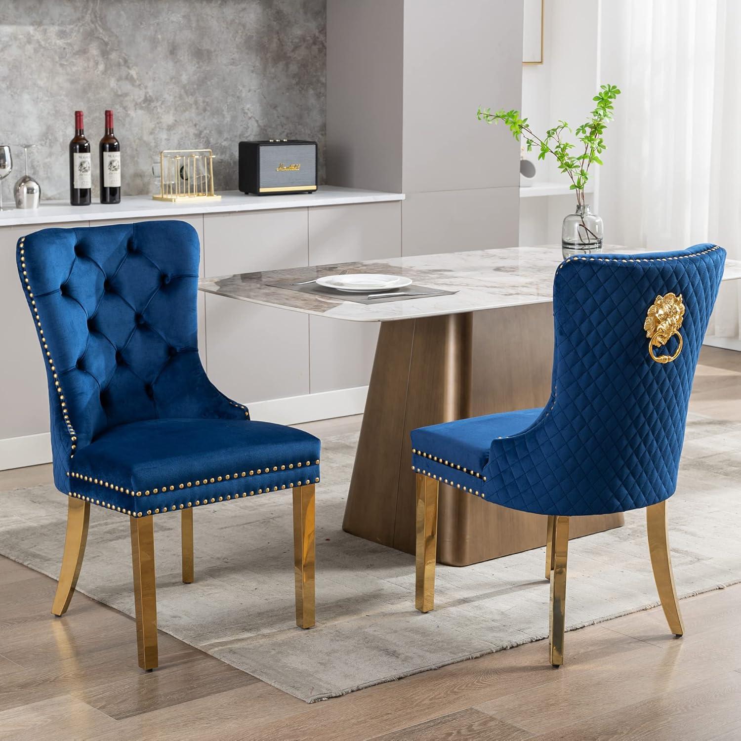 Velvet Upholstered Dining Chairs, Set of 2, Dining Room Tufted Chair, Modern Button Tufted Armless Chairs with Nailhead Trim and Back Ring Pull, Gold Legs, for Dining Room, Kitchen, Navy