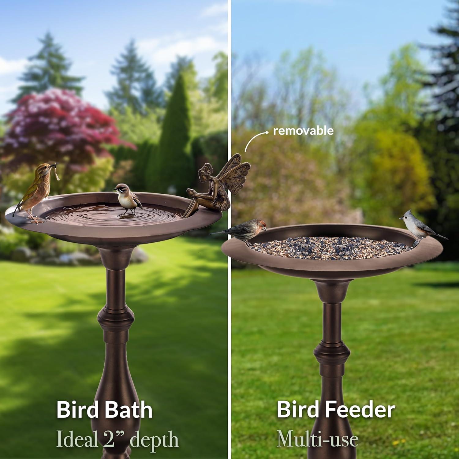 Bronze Fairy Pedestal Bird Bath with Brass Basin