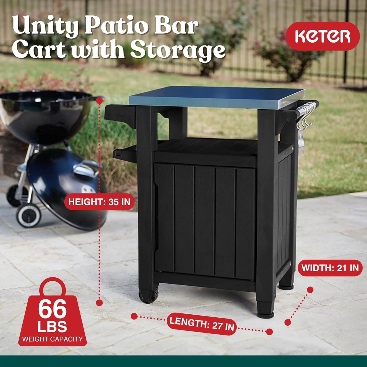 Keter Unity 40 Gal Patio Storage Grilling Bar Cart w/ Stainless Steel Top