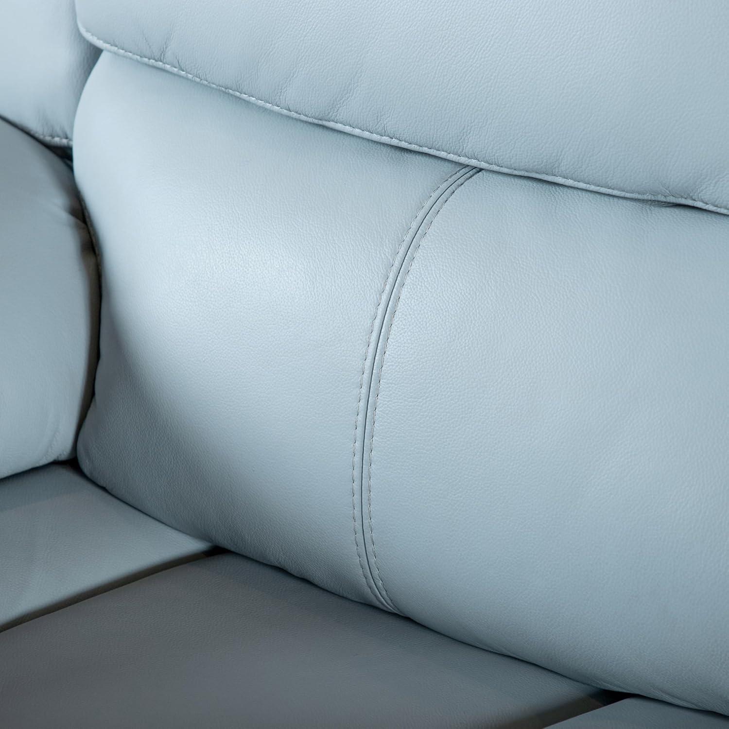 Powder Blue Leather Reclining Loveseat with Pillow Top Arms