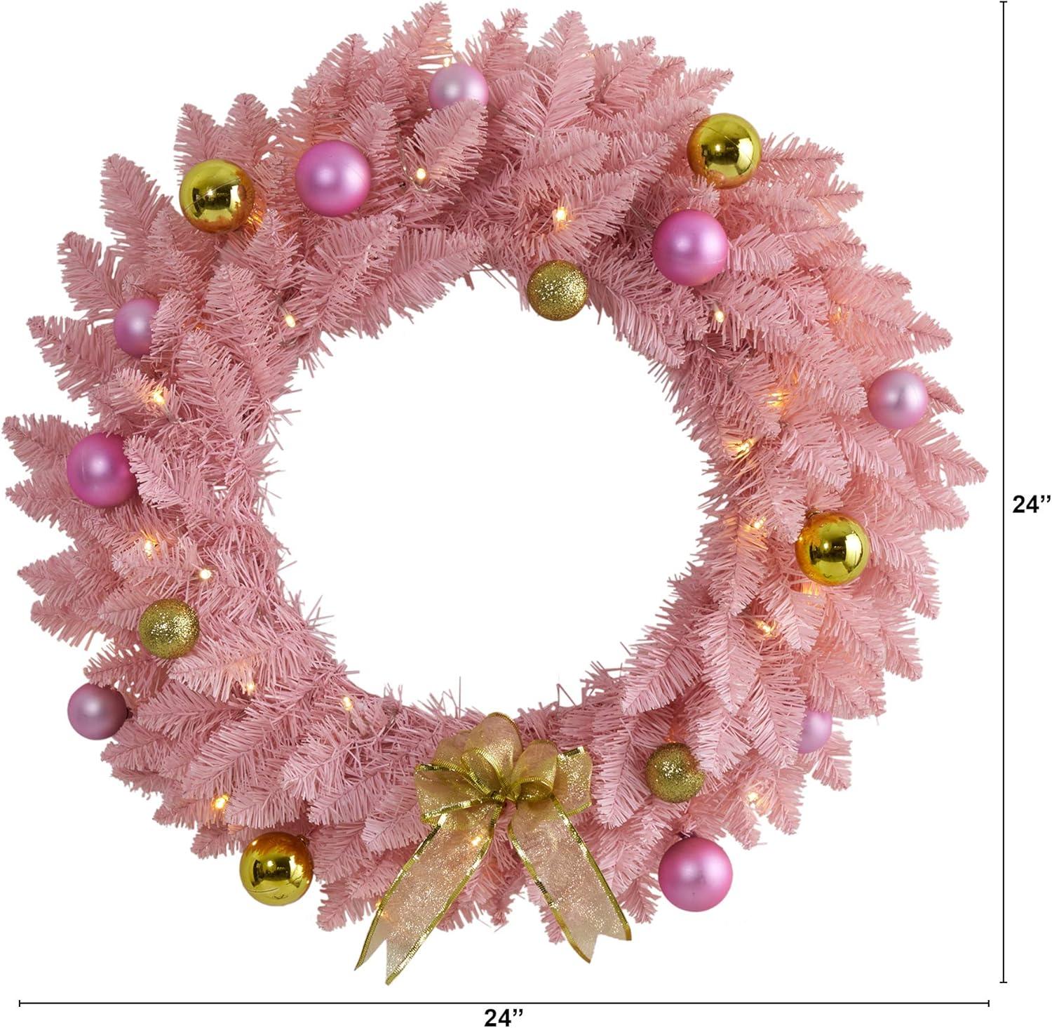 Nearly Natural 24" Pre-lit LED Pine Artificial Christmas Wreath Pink with Warm White Lights