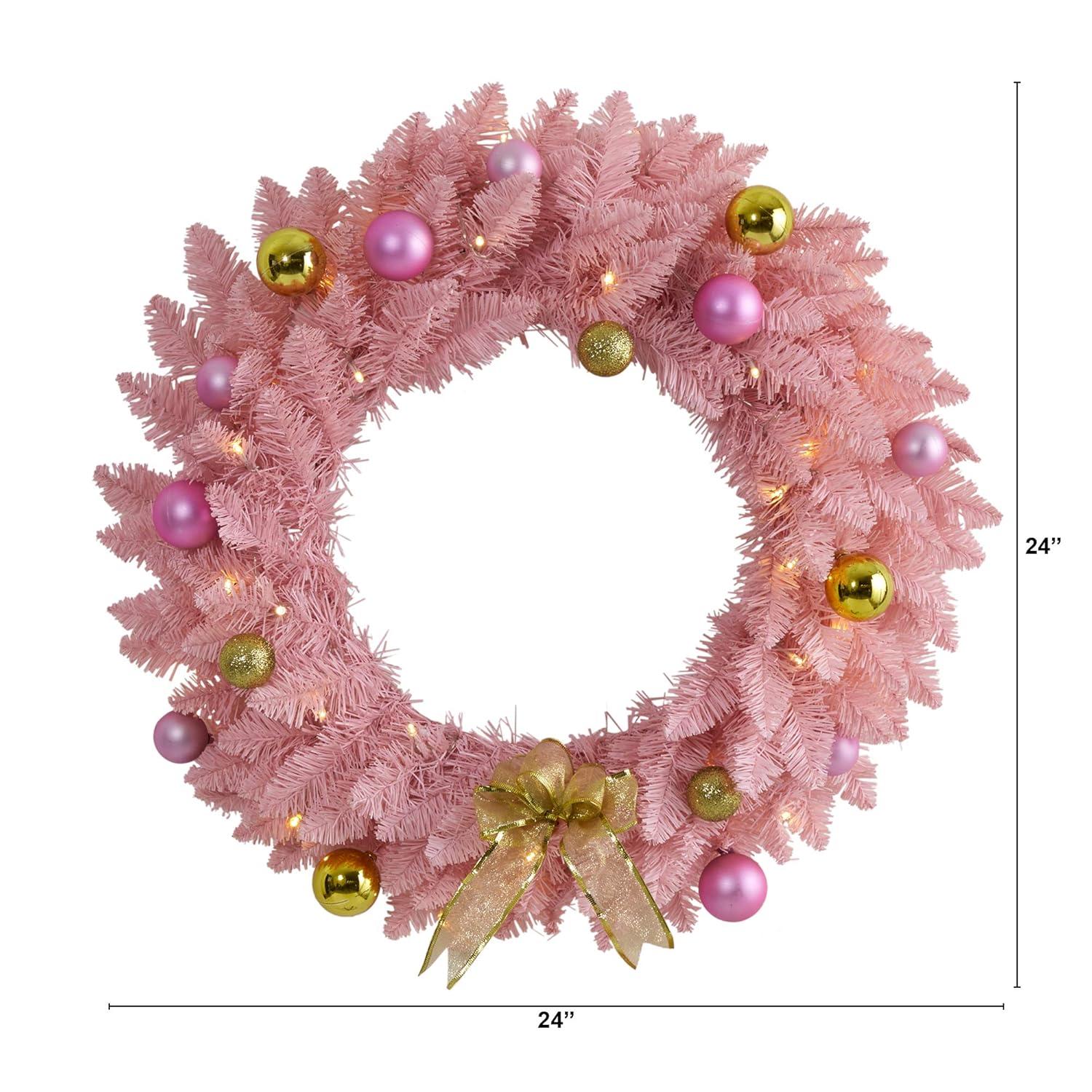 Nearly Natural 24" Pre-lit LED Pine Artificial Christmas Wreath Pink with Warm White Lights