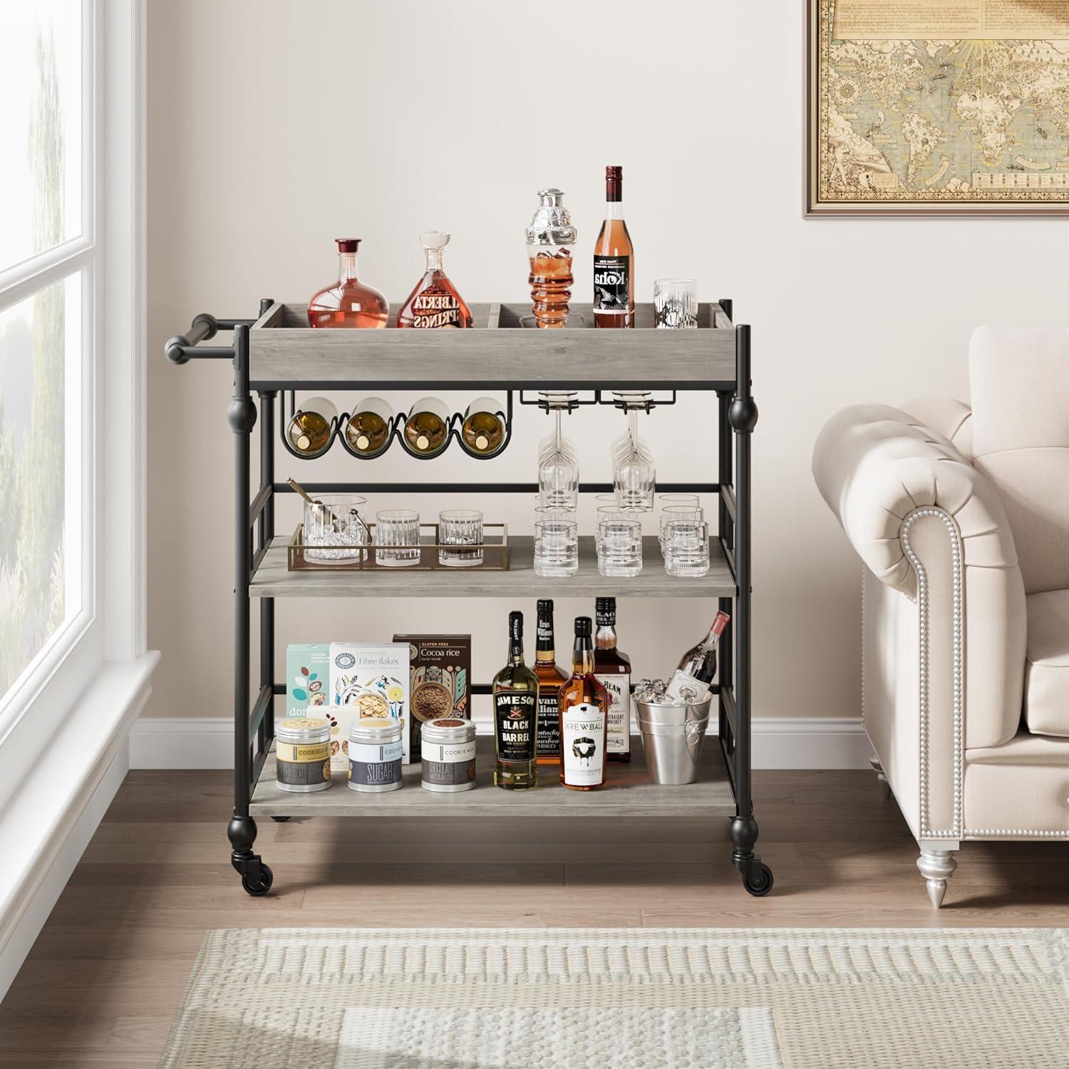 Bar Cart, Bar Carts for The Home, 3 Tier Bar Cart with Wheels, Portable Home Bar & Serving Carts, Rolling Cart with Wine Rack and Removable Tray for Living Room, Kitchen, Dining Room