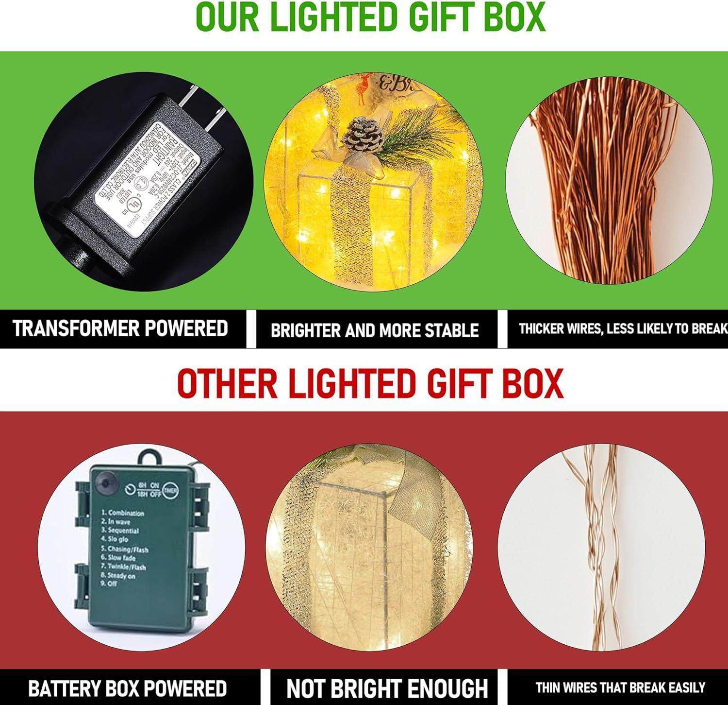 Hourleey Set of 3 Christmas Lighted Gift Boxes, Pre-lit 60 LED Light Up Present Boxes Ornament Outdoor Warm White Tinsel Boxes Decoration for Indoor Christmas Home Yard Lawn Decor