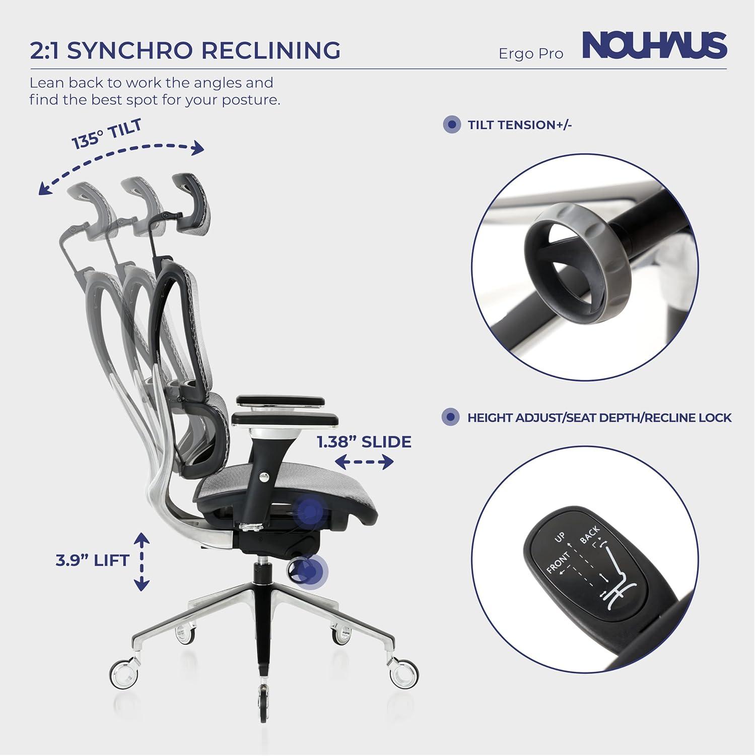 Nouhaus Inc Nouhaus Ergonomic Office Chair Lumbar Support Aluminum Alloy Backrest, Big and Tall Mesh Computer Desk Chair with Adjustable Headrest, 4D Armrest and Premium Wheels