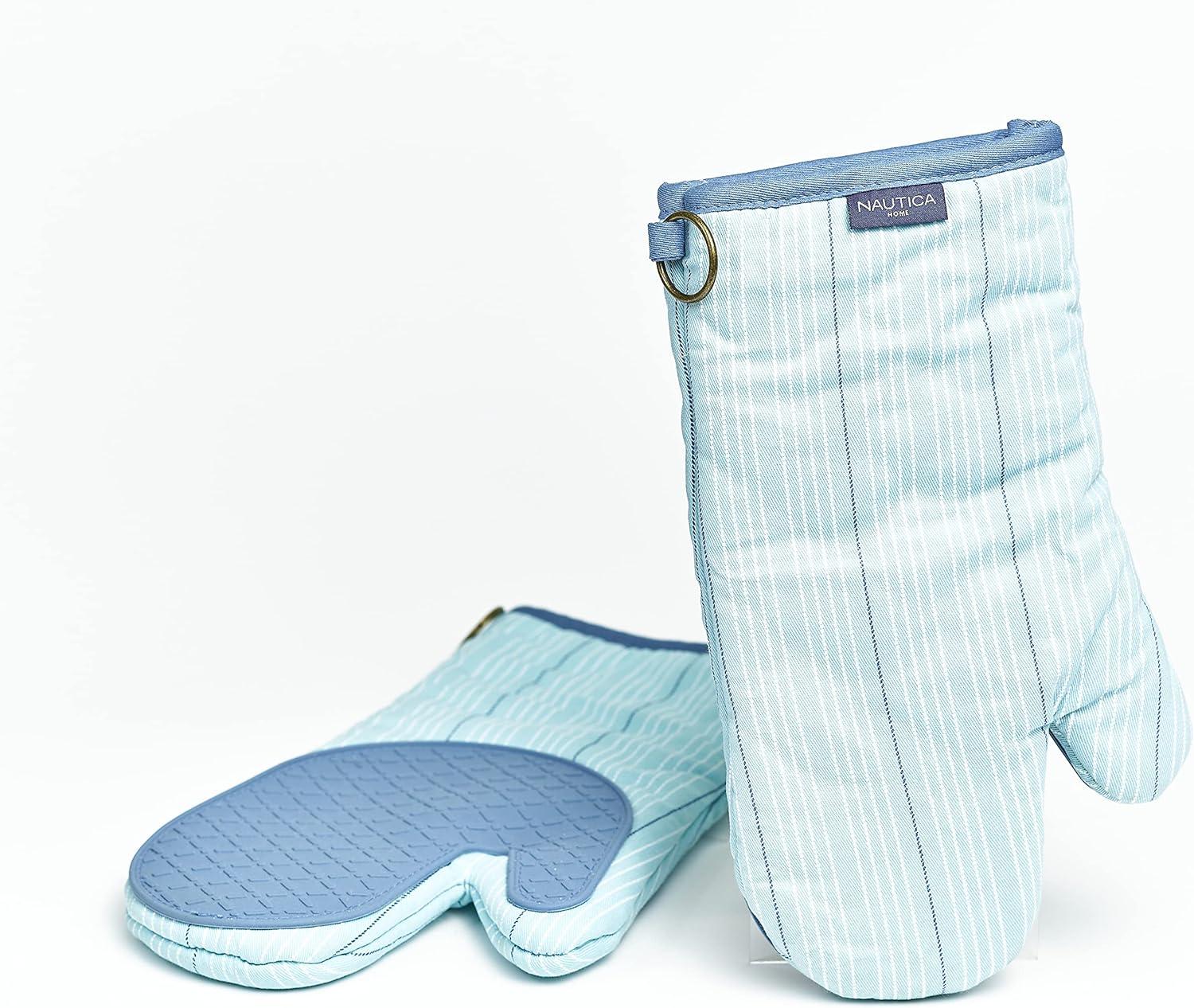 Light Blue Striped Cotton Oven Mitts with Silicone Palm