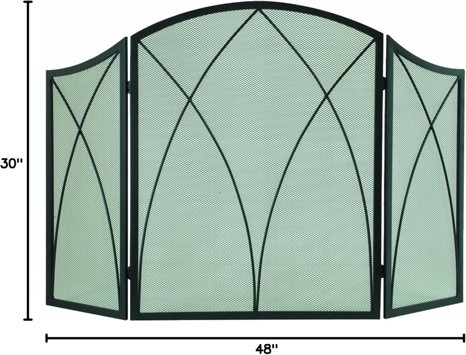 Black Steel Arched Three-Panel Fireplace Screen