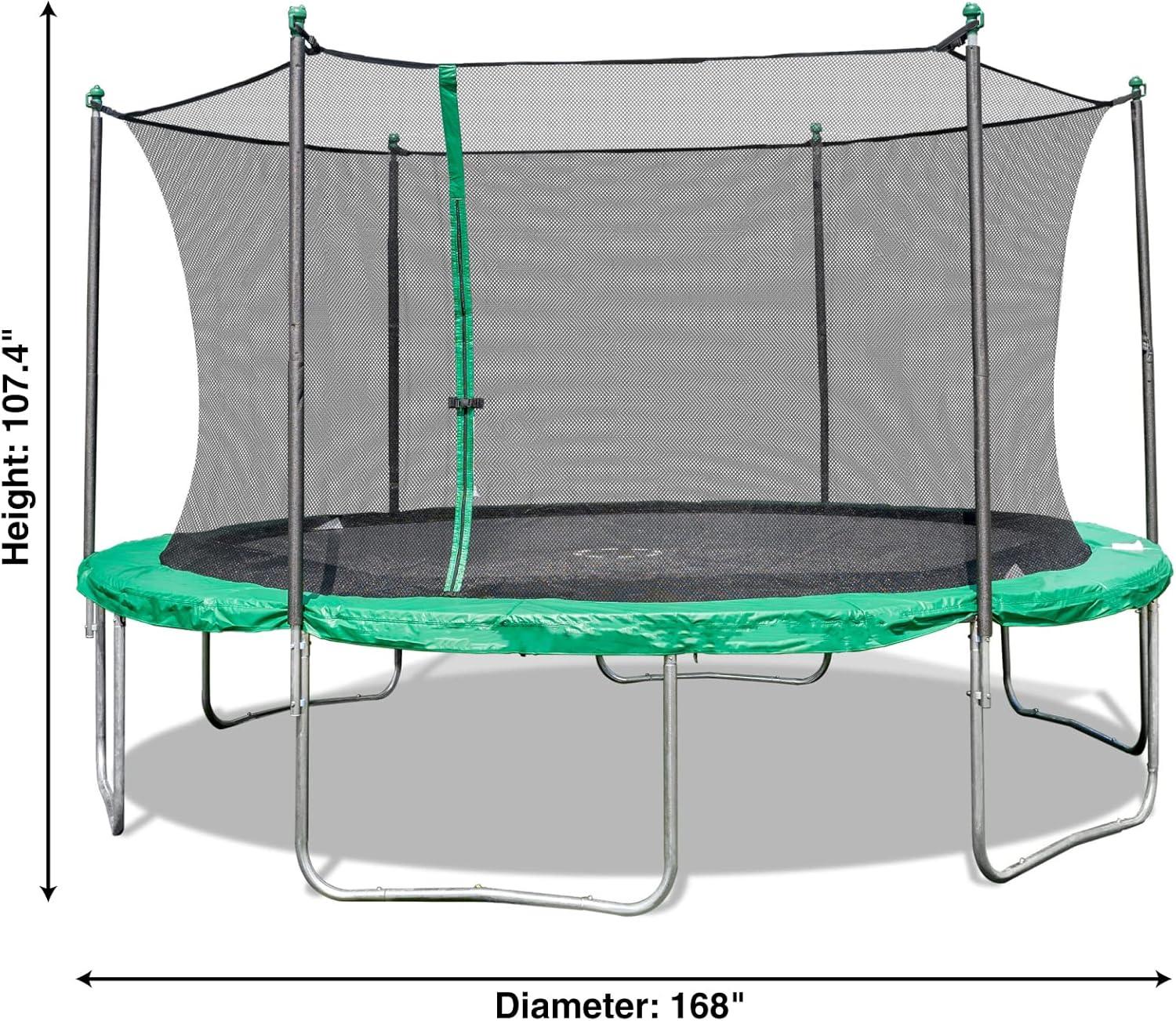 14-Foot Green Round Trampoline with Safety Enclosure