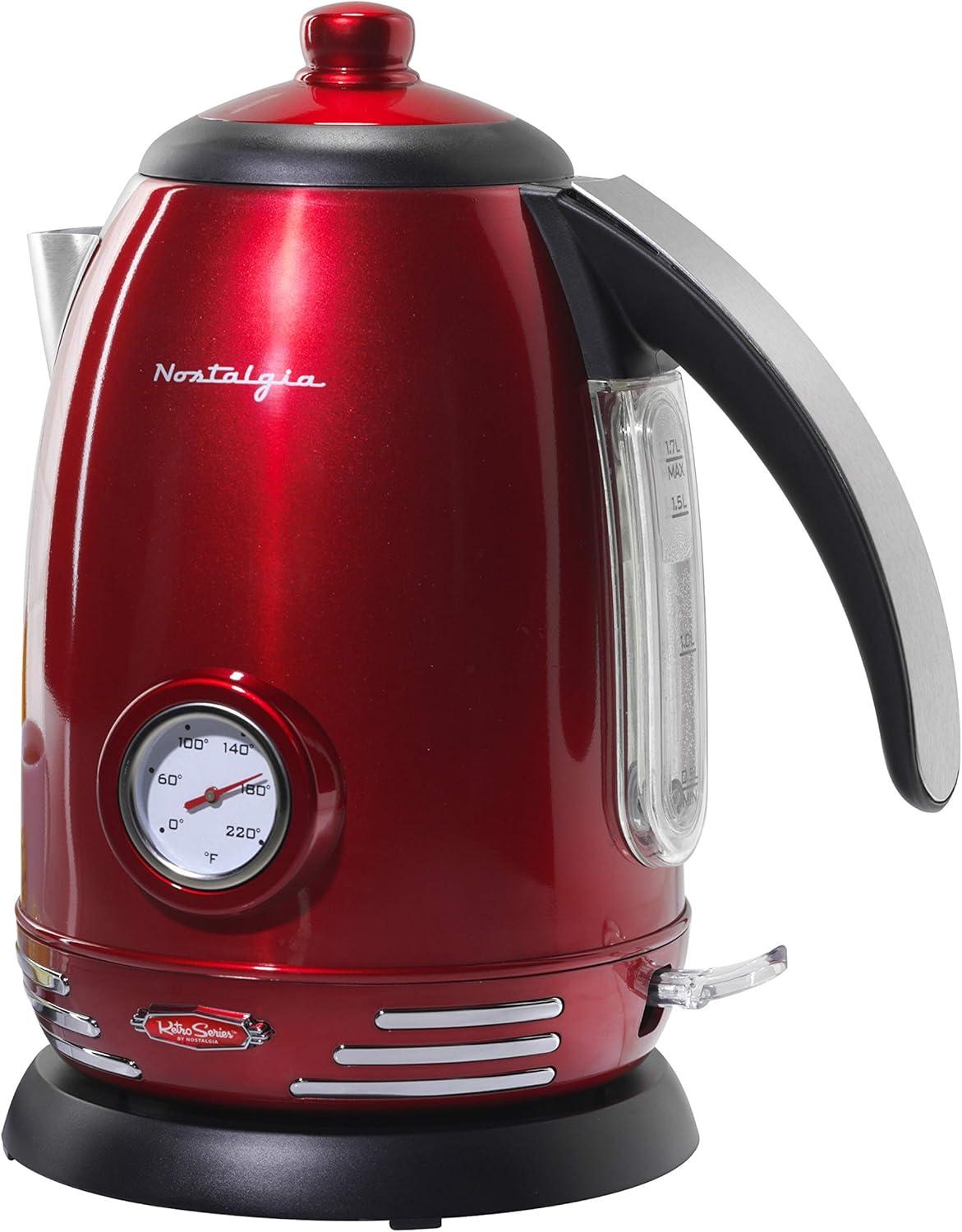 Nostalgia WK17RR Retro 1.7-Liter Stainless Steel Electric Water Kettle with Strix Thermostat, Retro Red