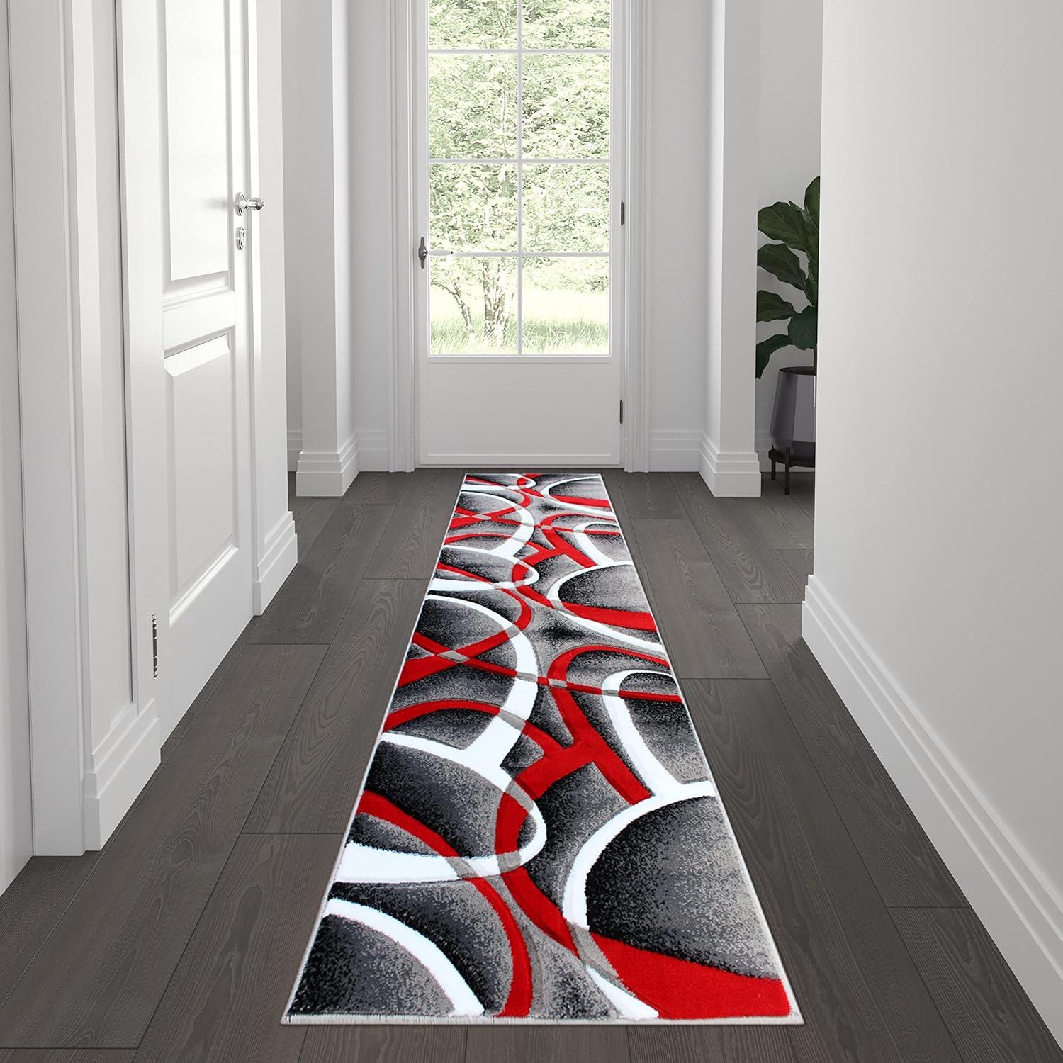 Modern Red and Gray Abstract Round Synthetic Area Rug 5' x 5'