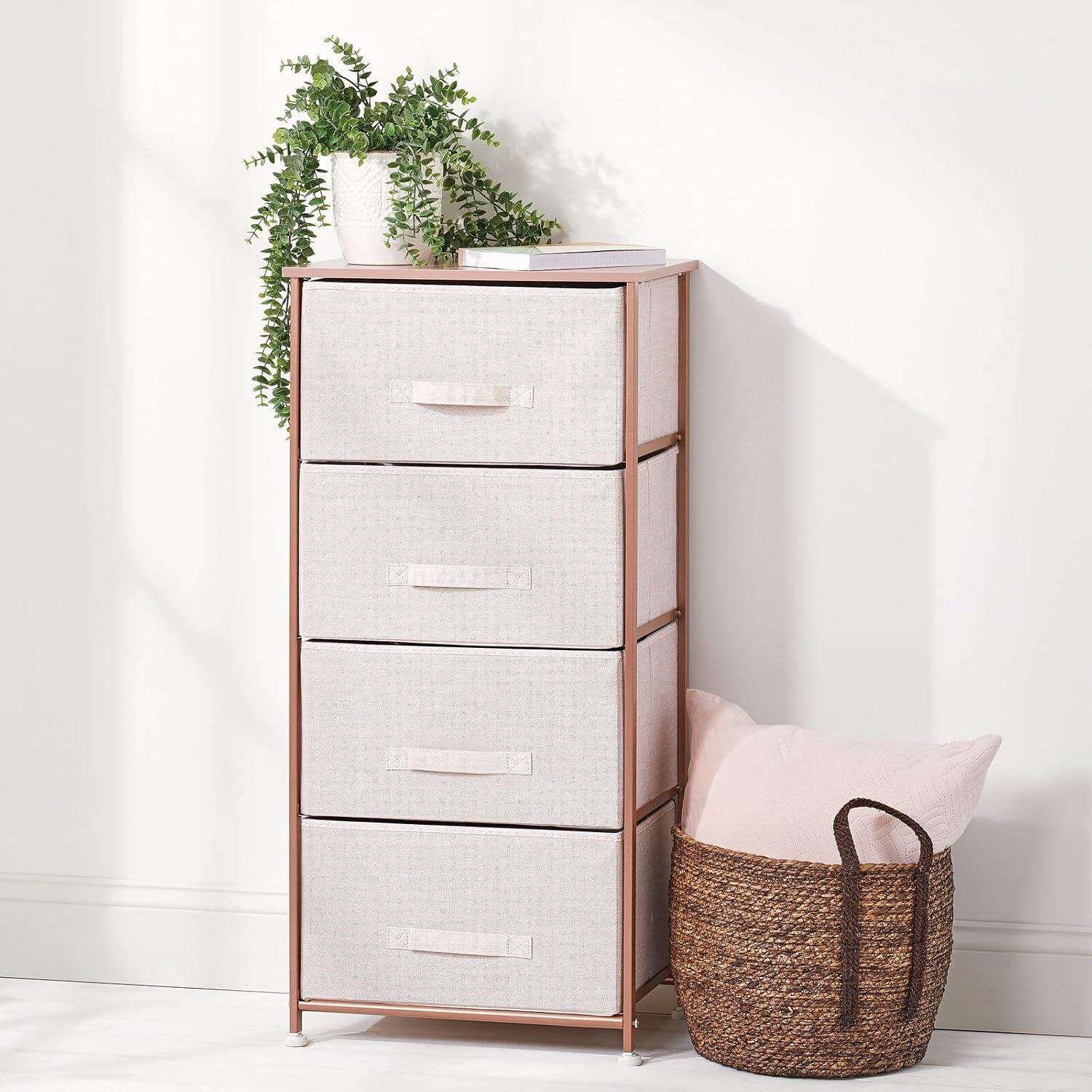 mDesign Tall Dresser Storage Tower Stand, 4 Fabric Drawers - Lt. Pink/Rose Gold