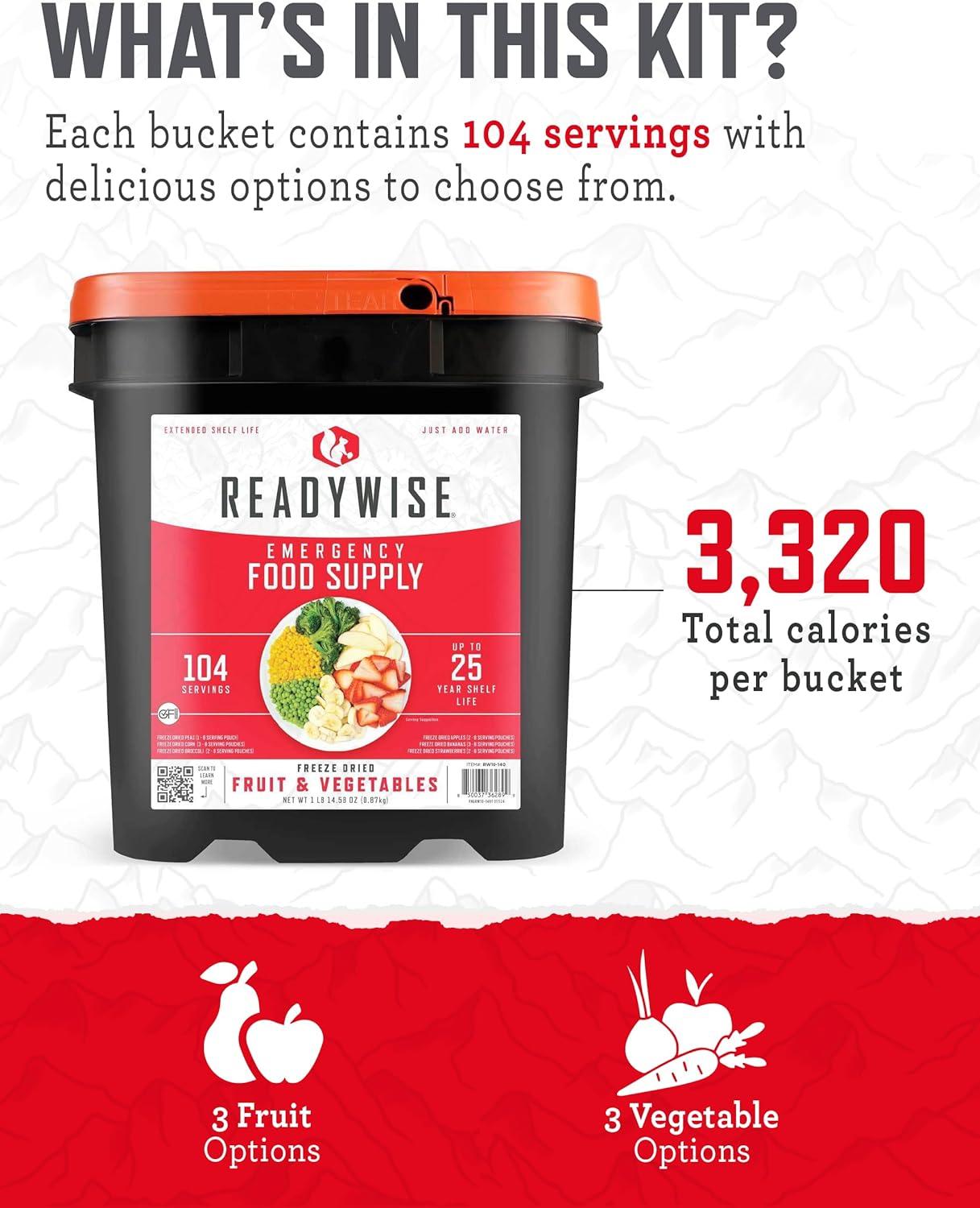 ReadyWise Freeze Dried Fruit & Vegetable Bulk Storage, 104 Servings, Long Term Food for Emergency Preparedness, 25-Year