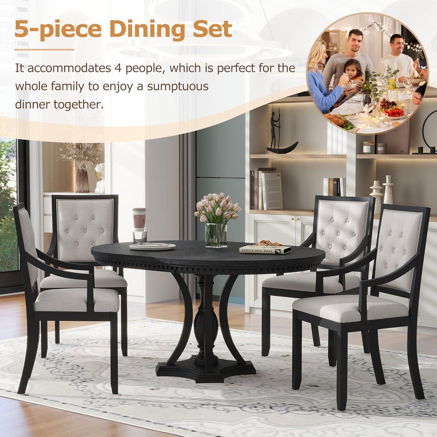 Black and Gray Extendable Round Dining Table Set with Cushioned Chairs