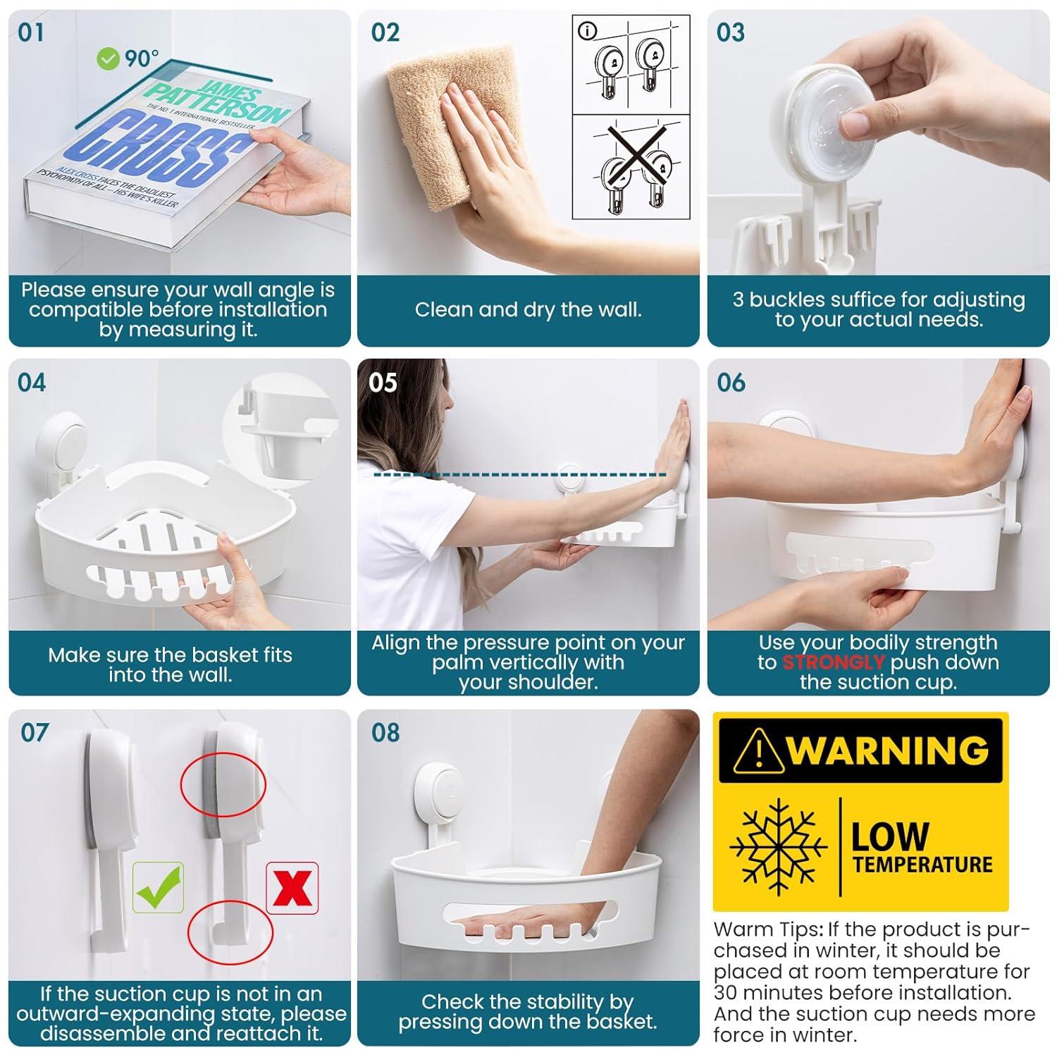 Shower Caddy Suction Cup 2 Pack With Hooks & Soap Holder, Heavy Duty Shower Organizer For Bathroom