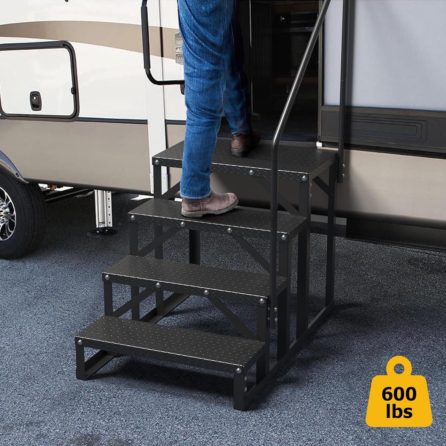 Tcbosik RV Steps with Handrail, 5 Steps Ladder Hot Tub Steps, Portable Stairs Step with Anti-Slip Panel, Heavy Duty Metal Mobile Home Stairs for Outdoor RV Step, Camper Trailer, Black