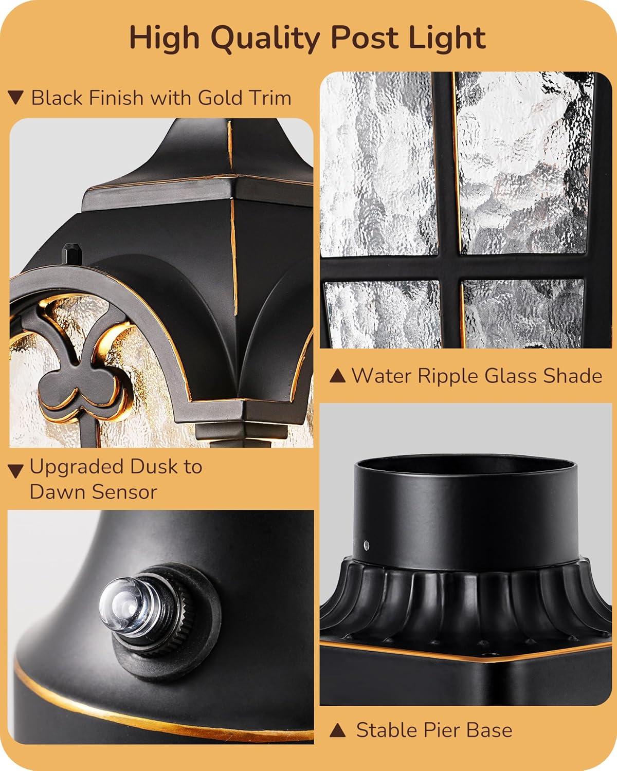 EDISHINE Large Size Dusk to Dawn Outdoor Post Light, 21.9'' H Pole Light Fixture with Pier Mount Base, Waterproof Exterior Lamp Post Lantern Head for Yard, Driveway, Fence, Black