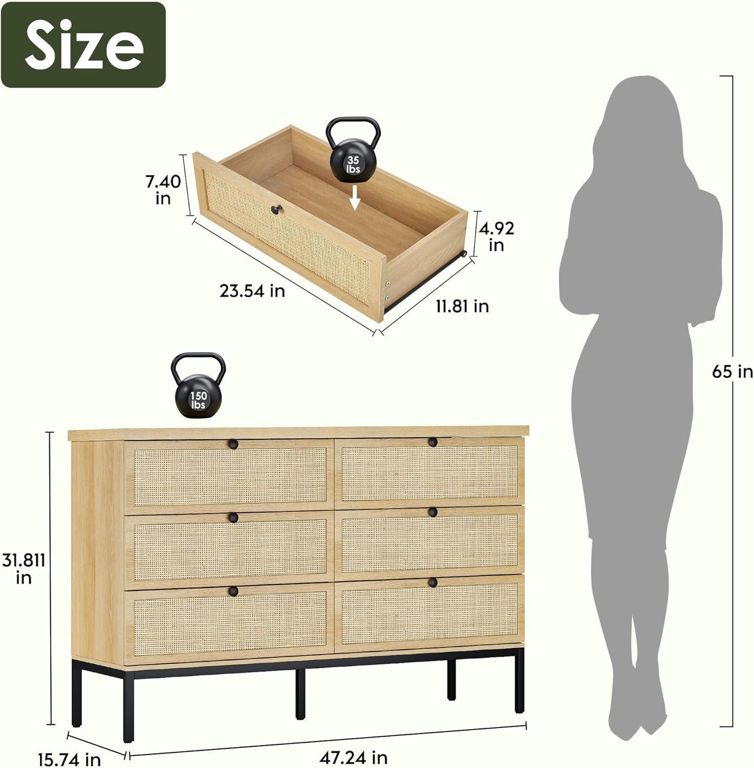 Natural Rattan 6-Drawer Dresser with Black Steel Legs