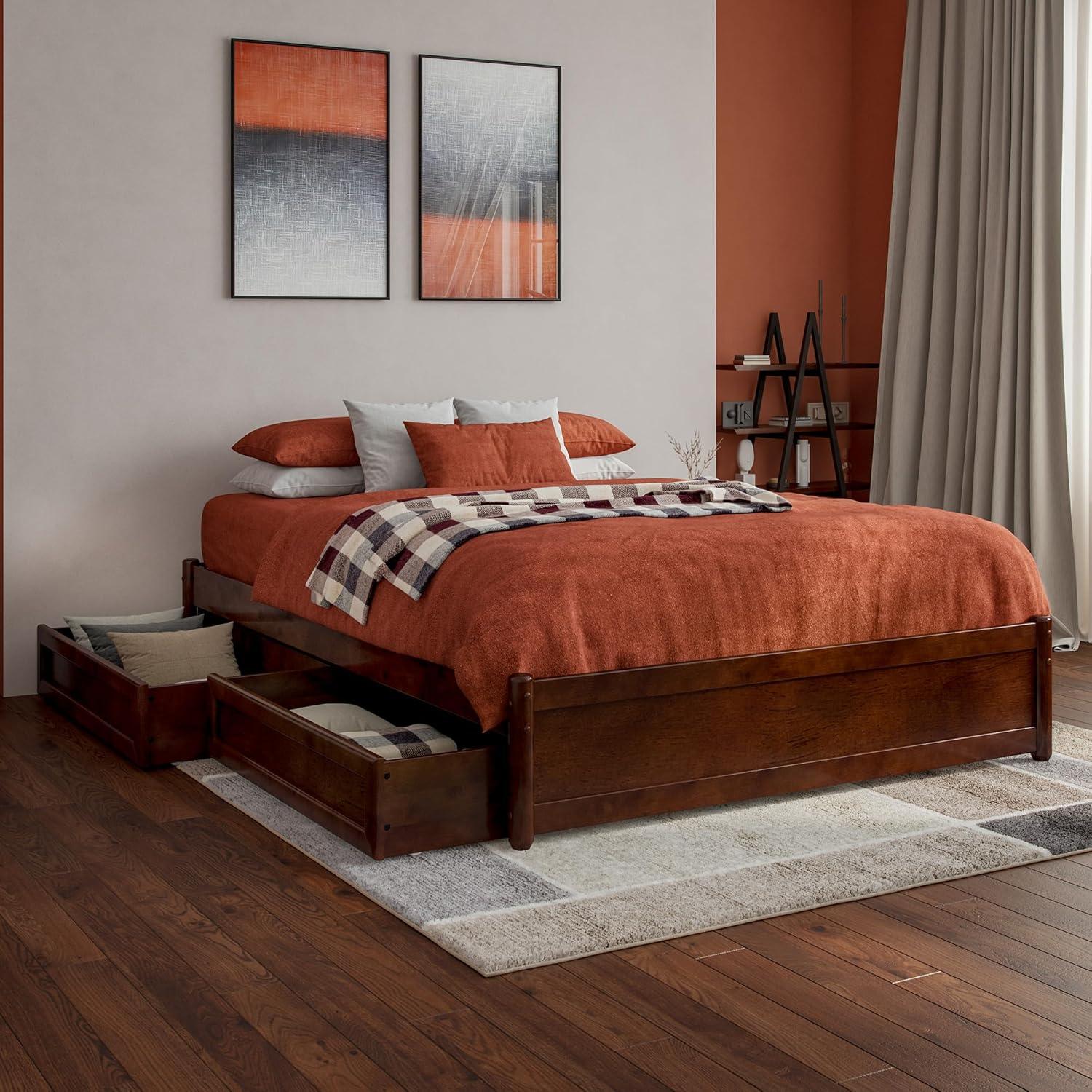 Barcelona Full Solid Wood Panel Platform Bed with Storage Drawers in Walnut
