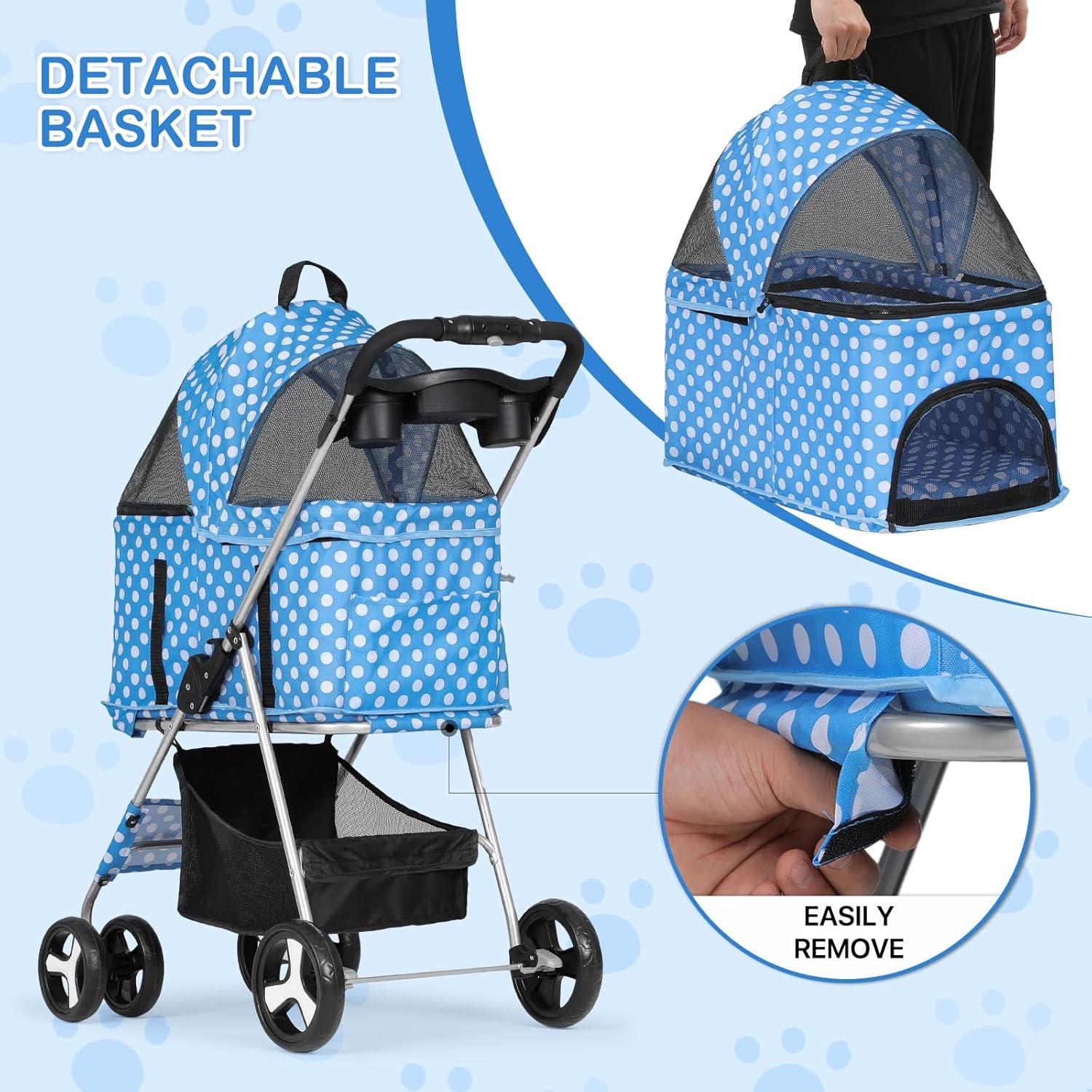 MoNiBloom 4 Wheel Foldable Dog Pet Stroller with Cup Holder, Sky Blue with White Polka Dots