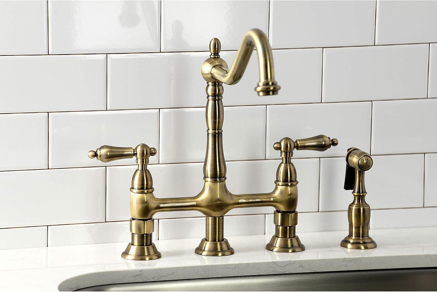 Kingston Brass KS1273ALBS Heritage 8-Inch Kitchen Bridge Faucet with Brass Sprayer, Antique Brass