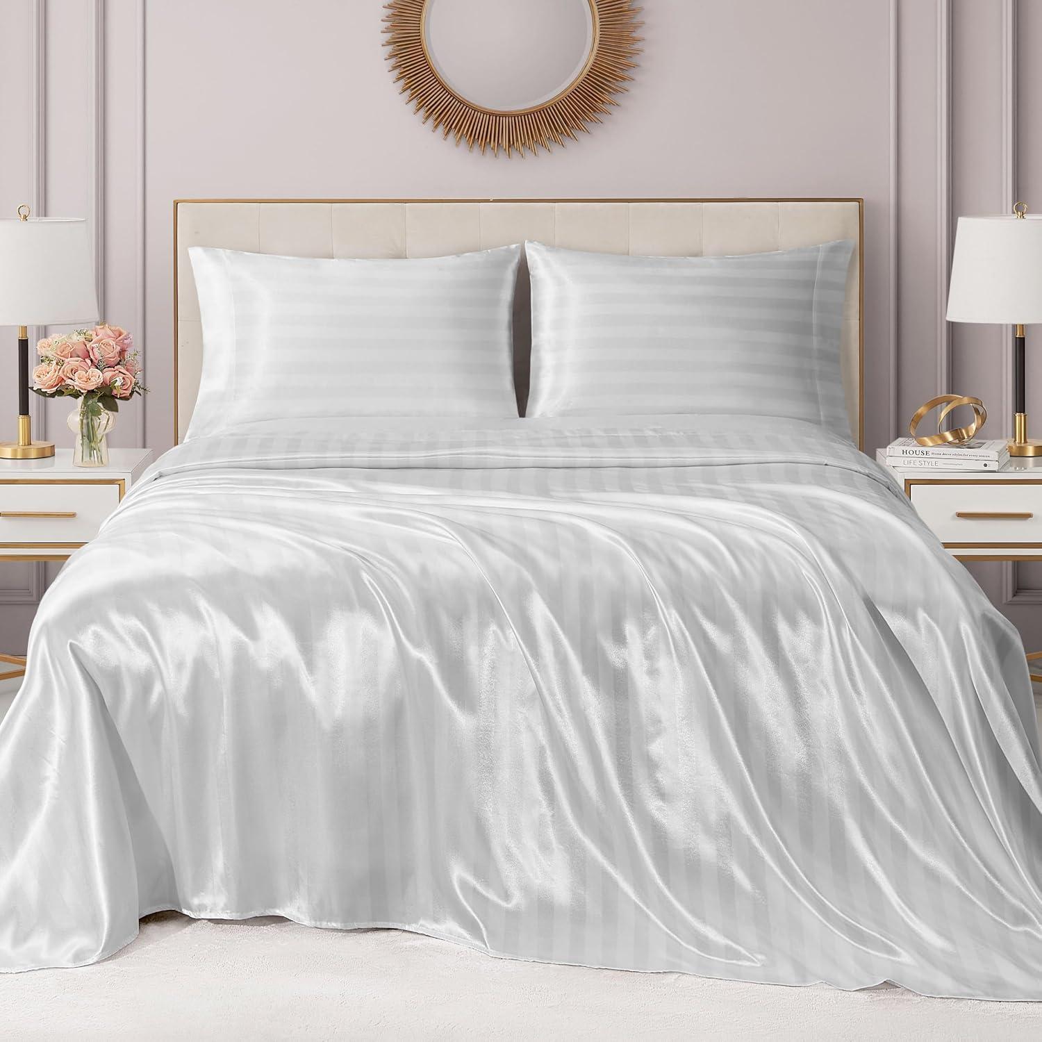 Brilliant White Satin Damask Twin XL Microfiber Sheet Set