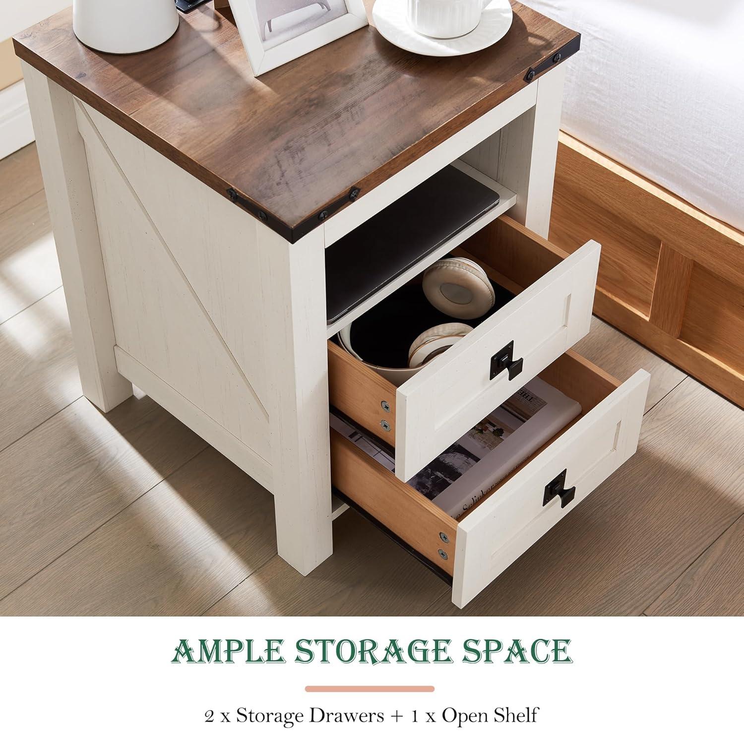 Antique White Rustic Wood Nightstand with Charging Station and 2 Drawers