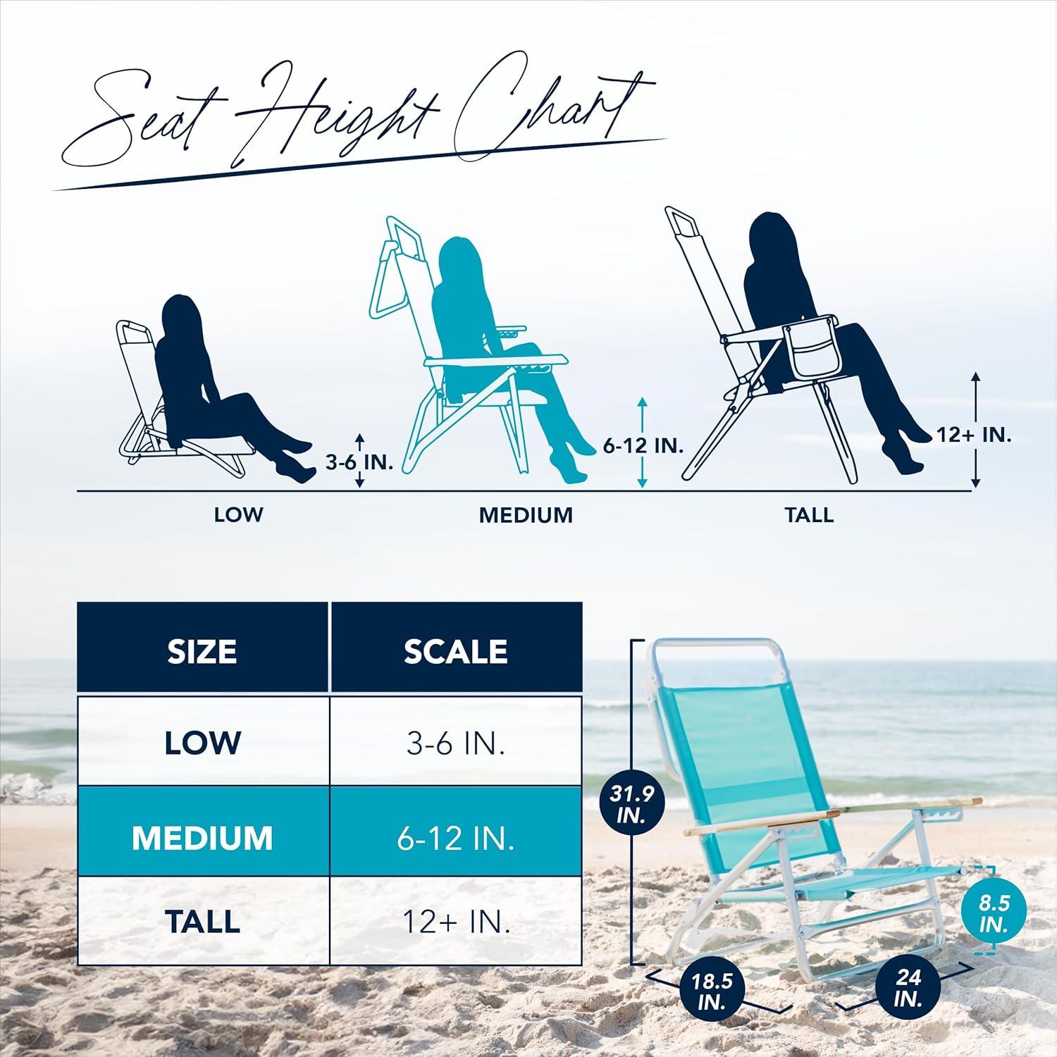 Caribbean Joe 5 Position Folding Beach Chair, Teal, Towel Bar, Full Recline