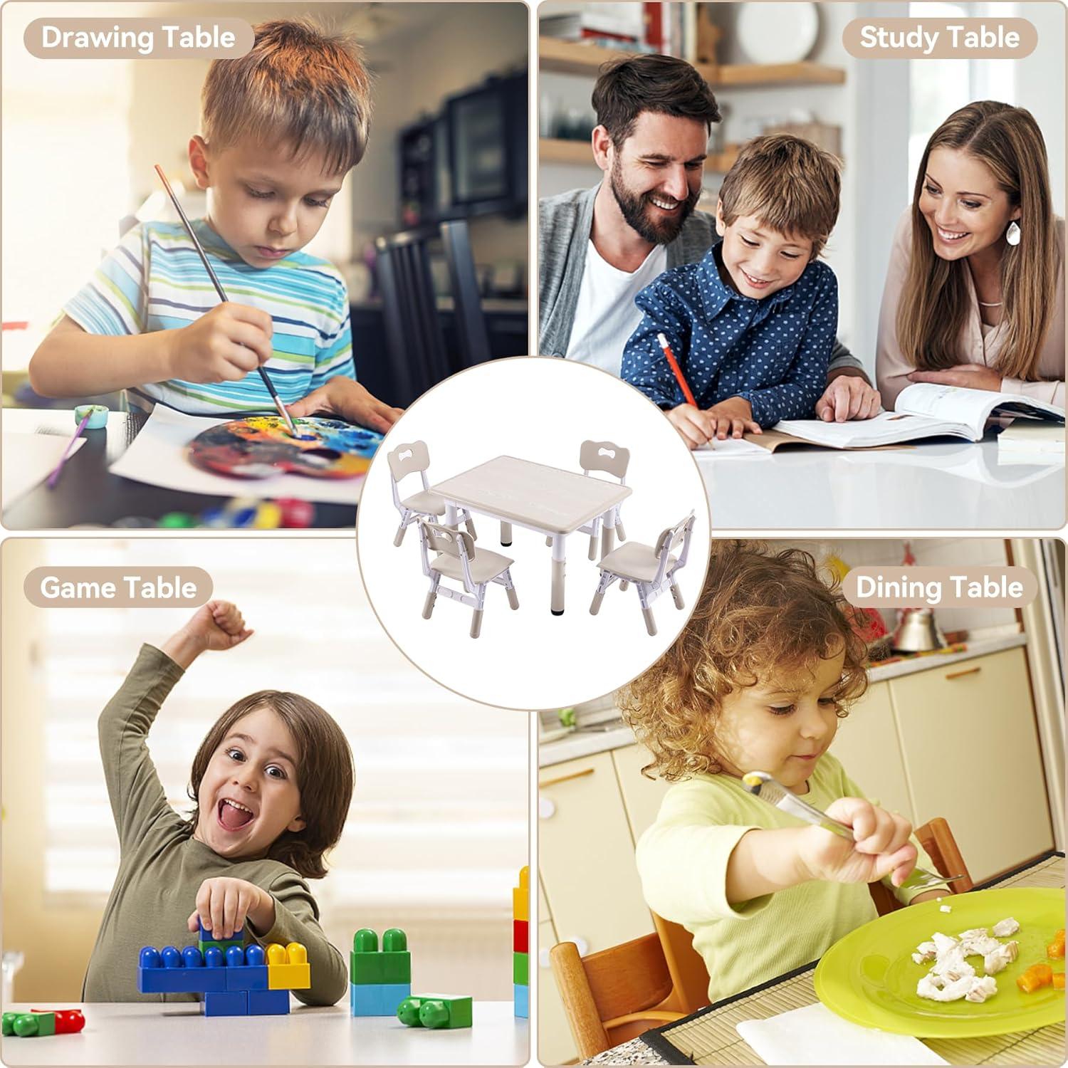Height-Adjustable Kids Table and 4 Chairs Set, Toddler Table and Chair Set with Graffiti Desktop, 31.5''L x 23.6''W Children Activity Table for Daycare, Classroom, Home