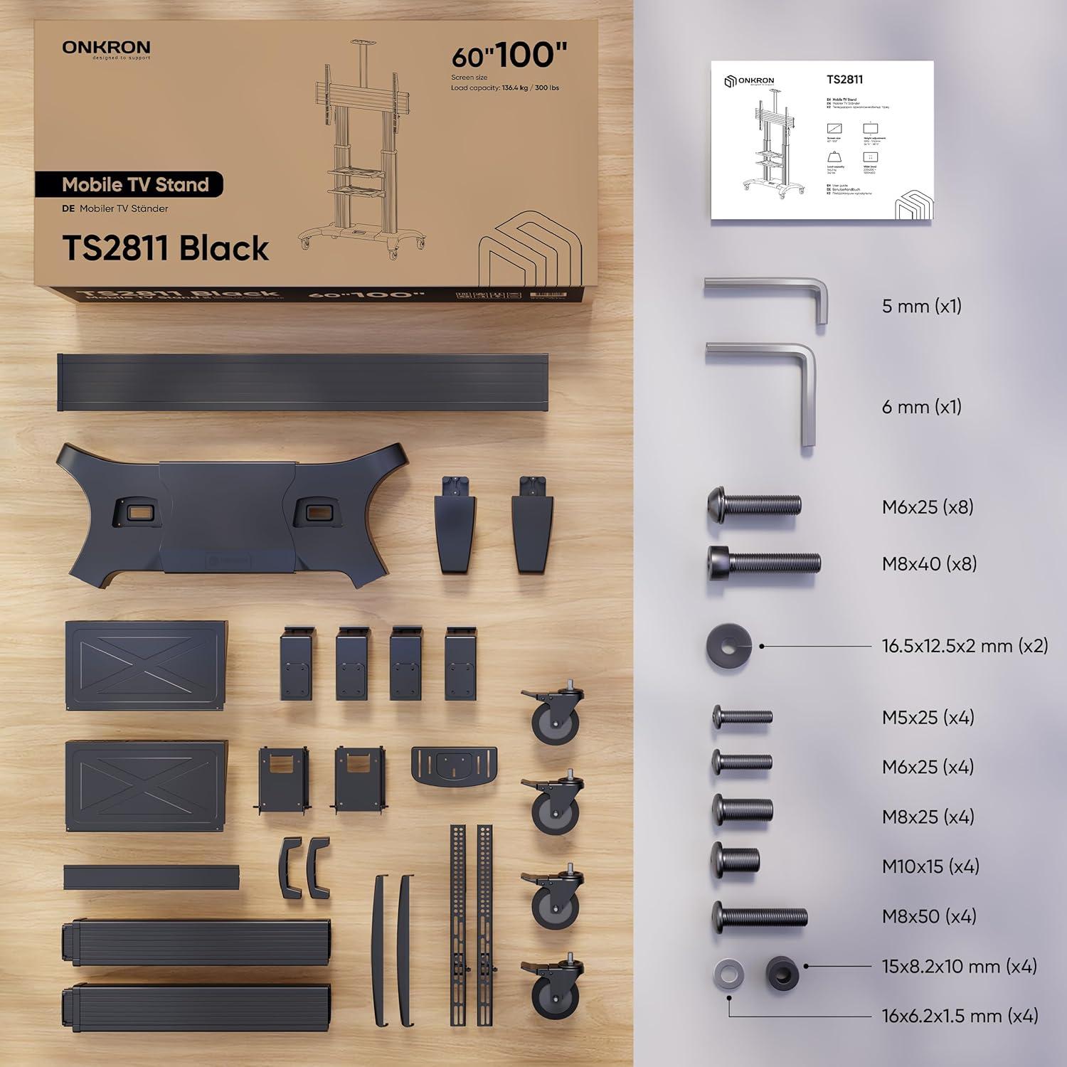 ONKRON Mobile TV Stand for 60-100 Inch Flat/Curved TV up to 301 lbs, Heavy Duty TV Stand Height Adjustable