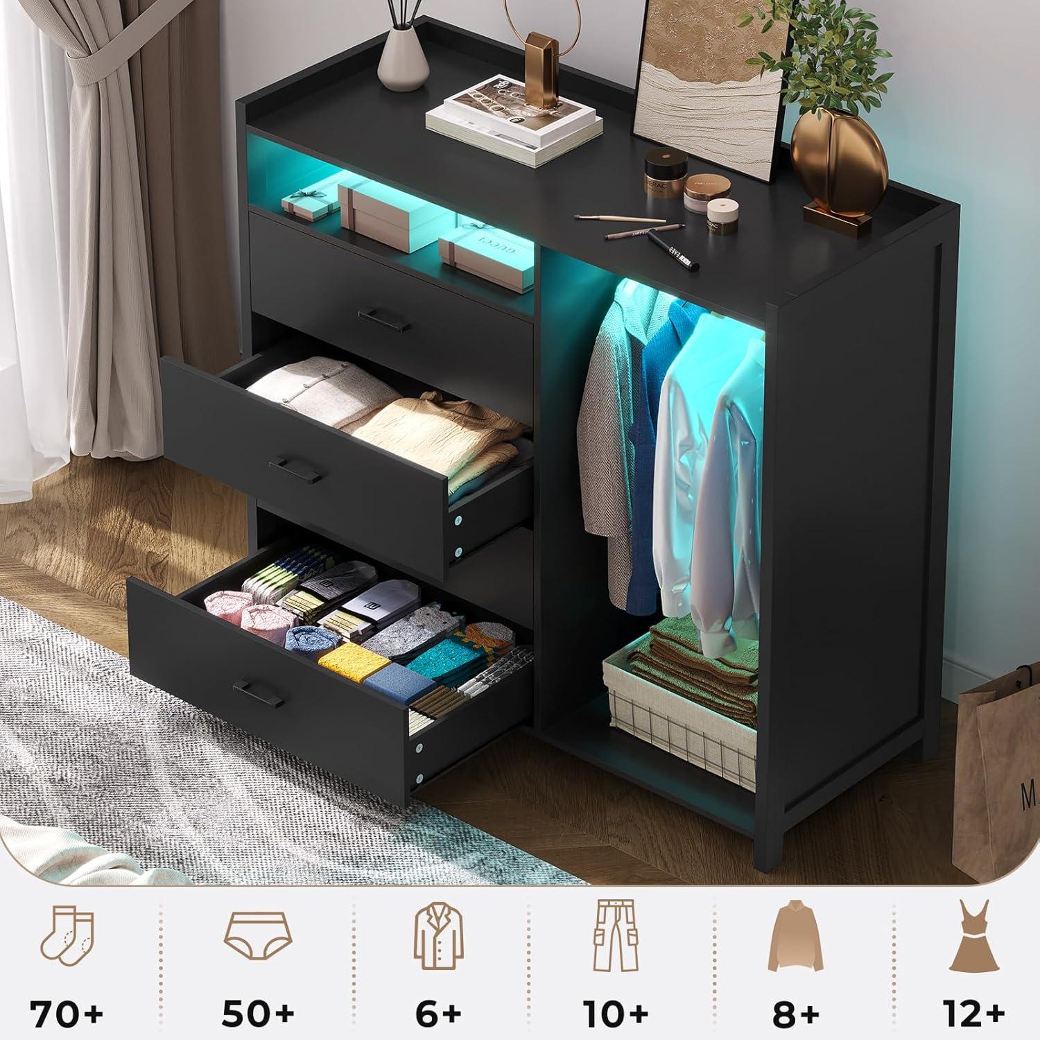 4 Drawer Dresser with Clothing Rack and LED Lights, Modern LED Dresser for Bedroom, Black