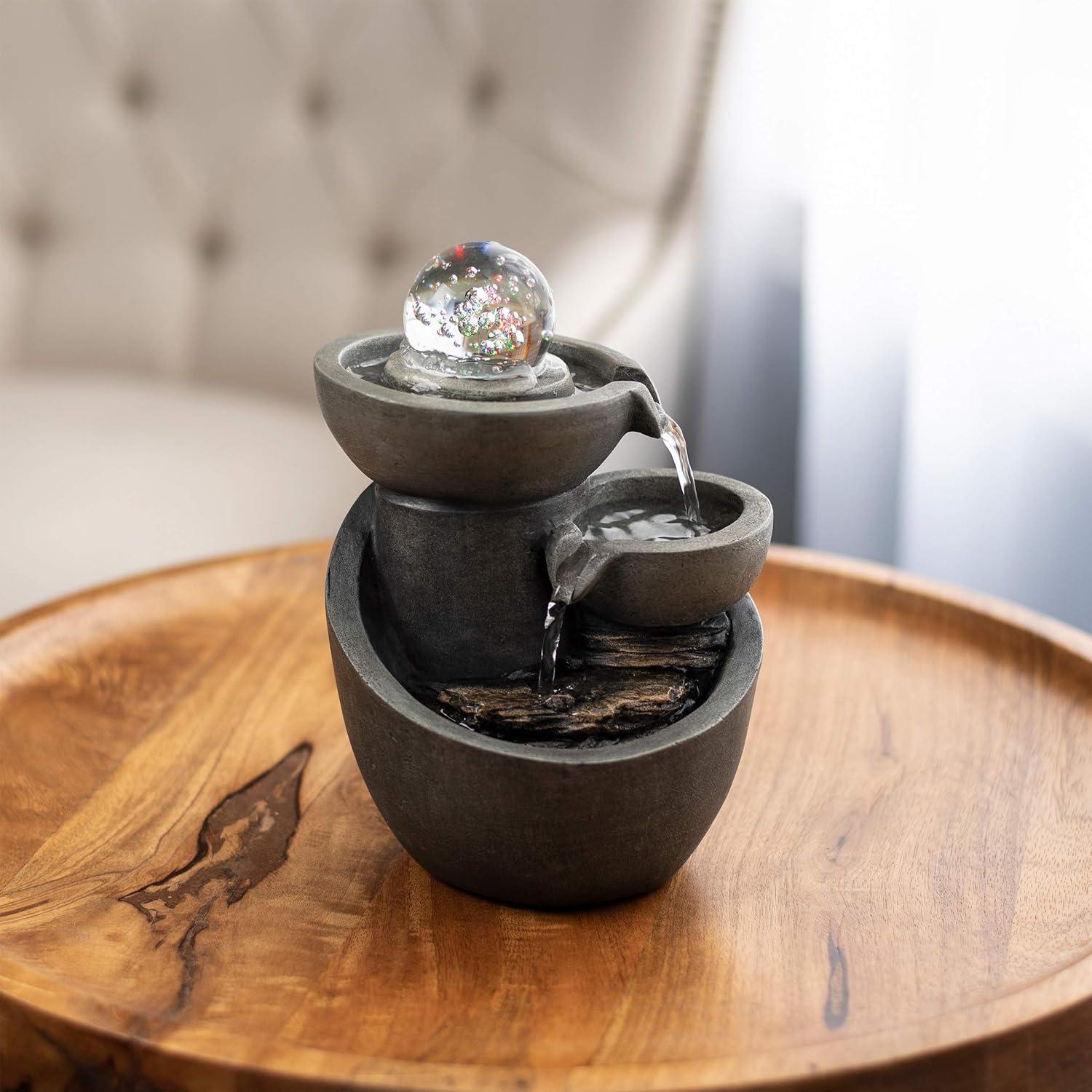 Gray Polyresin 3-Tier Tabletop Water Fountain with LED Lights