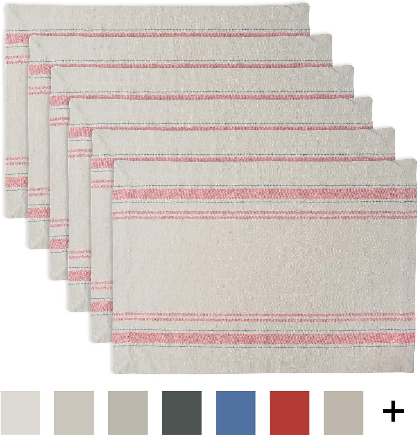 Rustic Beige and Red Striped Cotton Placemats, Set of 6