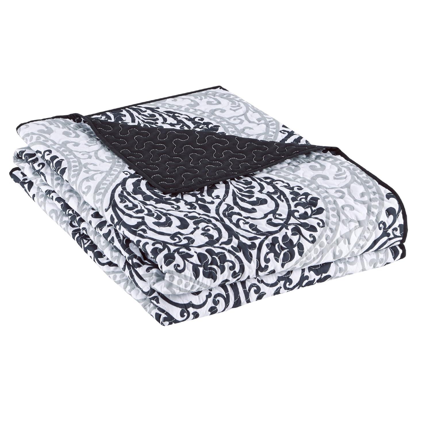 Comfort Spaces Coco 3 Piece Black and White Damask Coverlet Set, Queen | Lightweight Summer