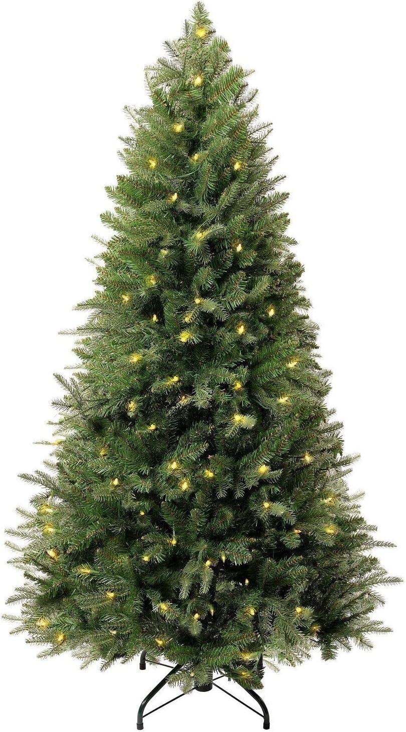 Traditional Prelit Artificial Christmas Tree with Warm Lights and Metal Stand, Wide Realistic Tree