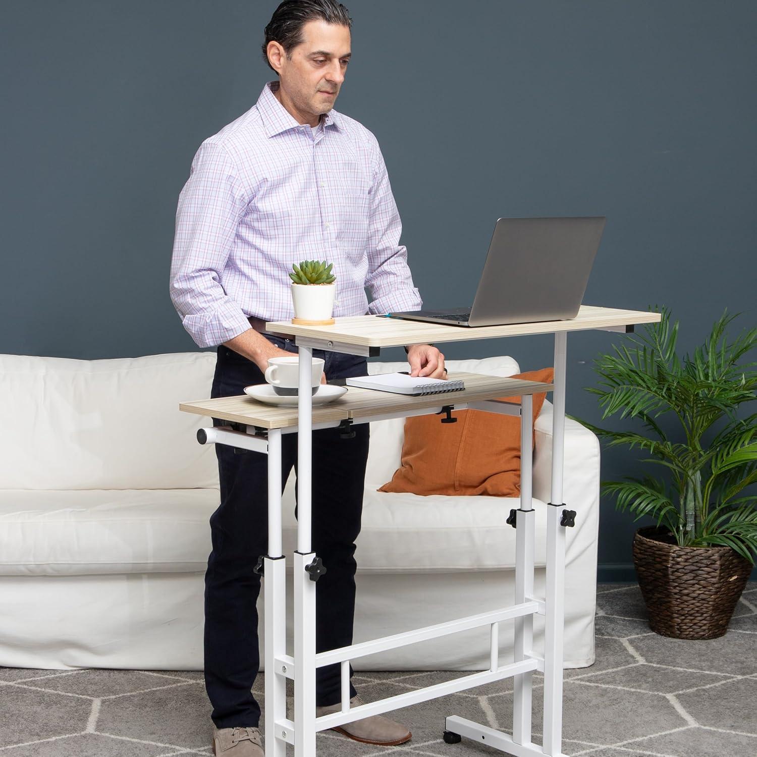 White Adjustable Height Mobile Standing Desk with Keyboard Tray