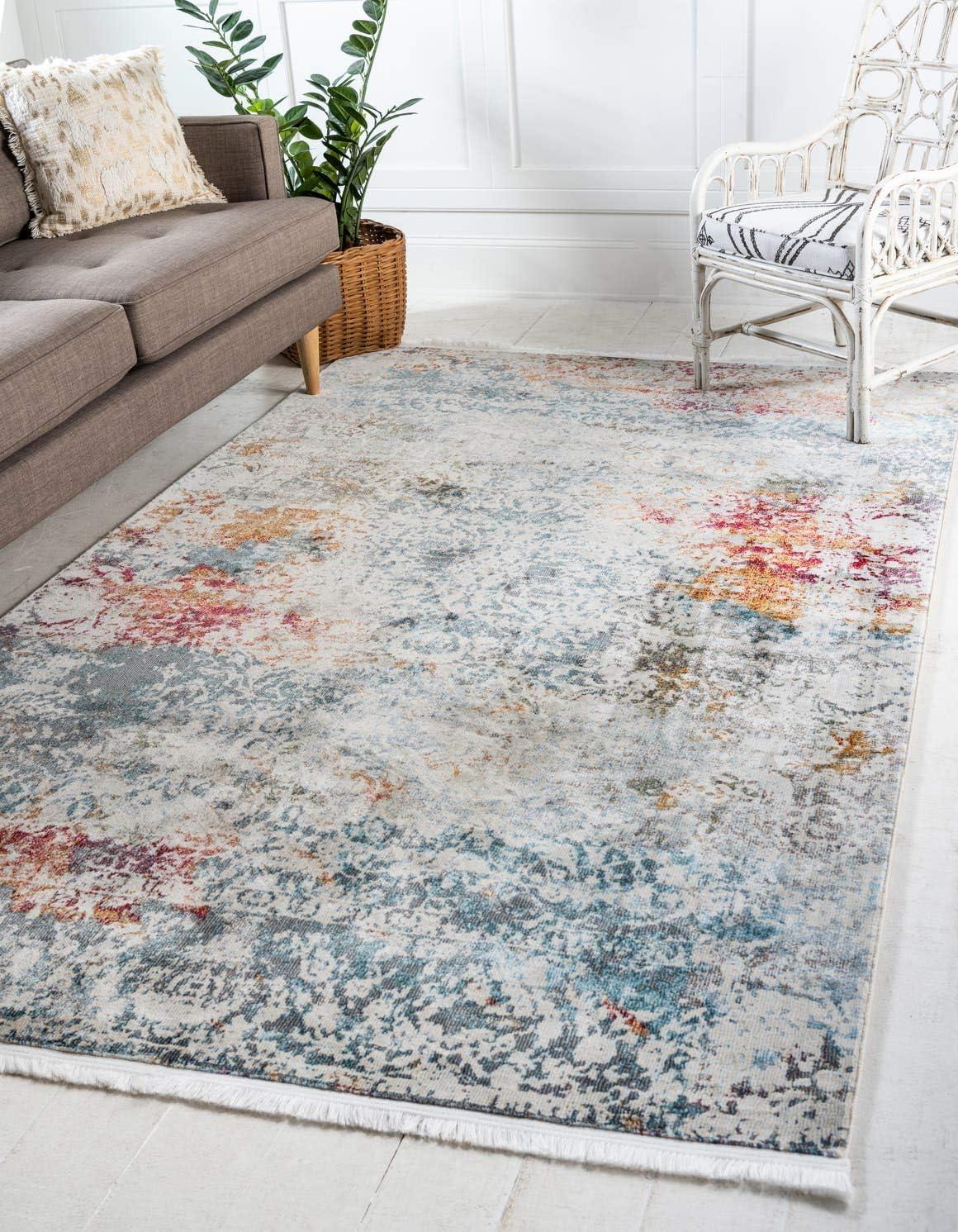 Ivory and Gray Rectangular Stain-Resistant Synthetic Area Rug