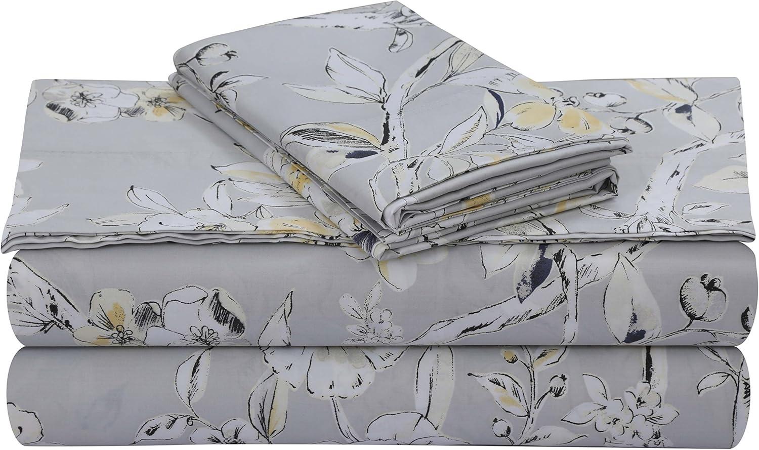 Tribeca Living California King 300 Thread Count Printed Pattern Sateen Sheet Set Silver Gray Colmar: Cotton, Deep Pockets