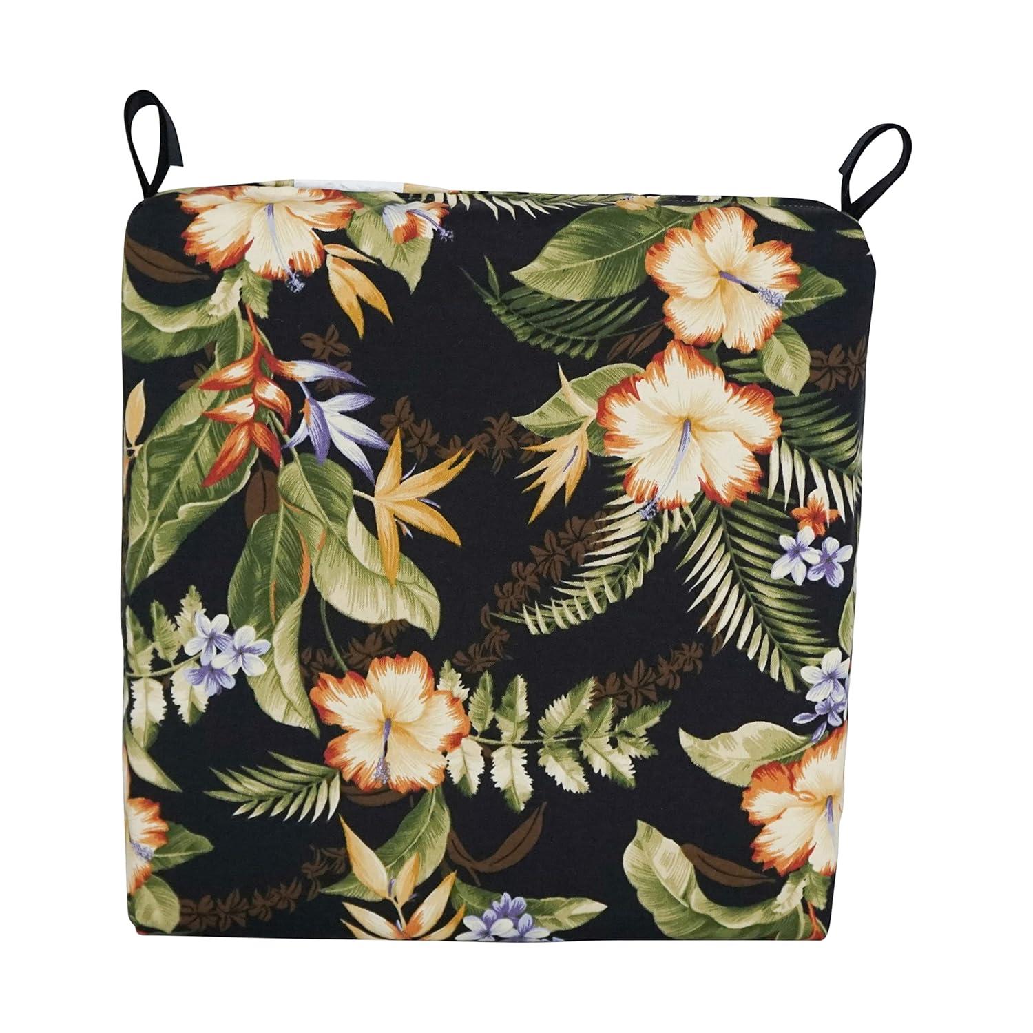 Set of 4 Black Floral Polyester Outdoor Chair Cushions