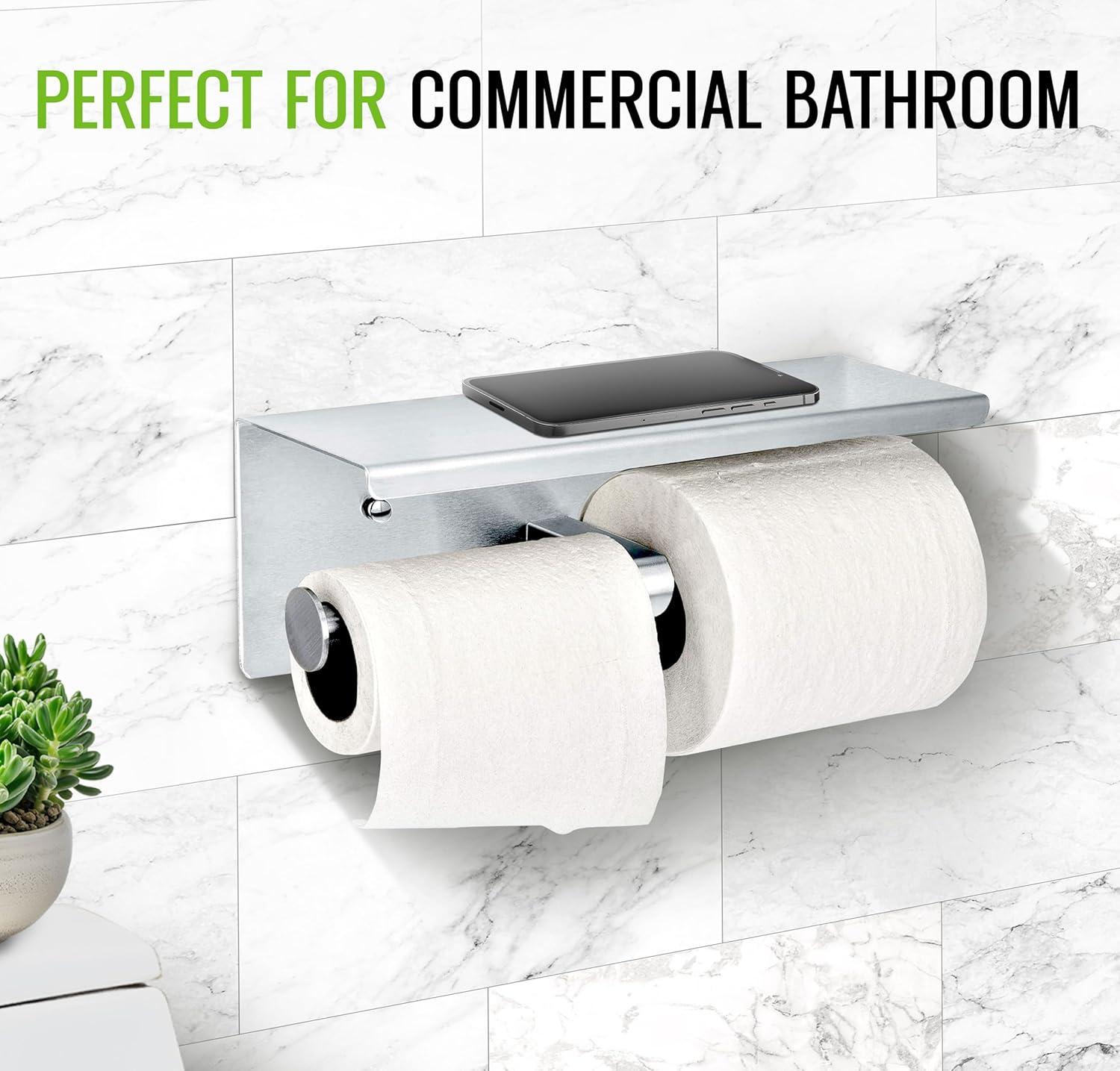 Brushed Stainless Steel Dual Roll Toilet Paper Holder with Shelf