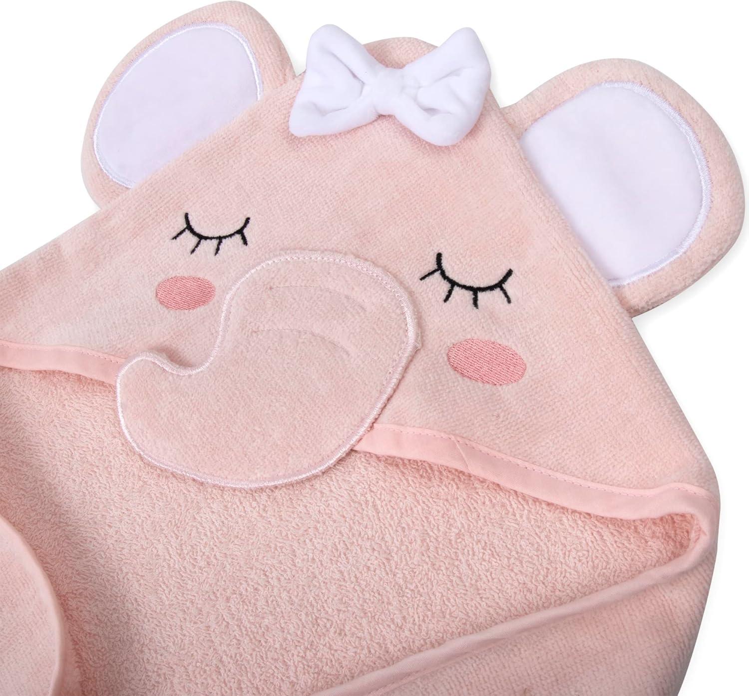 Delicate Pink Cotton Hooded Elephant Baby Washcloth and Towel Set