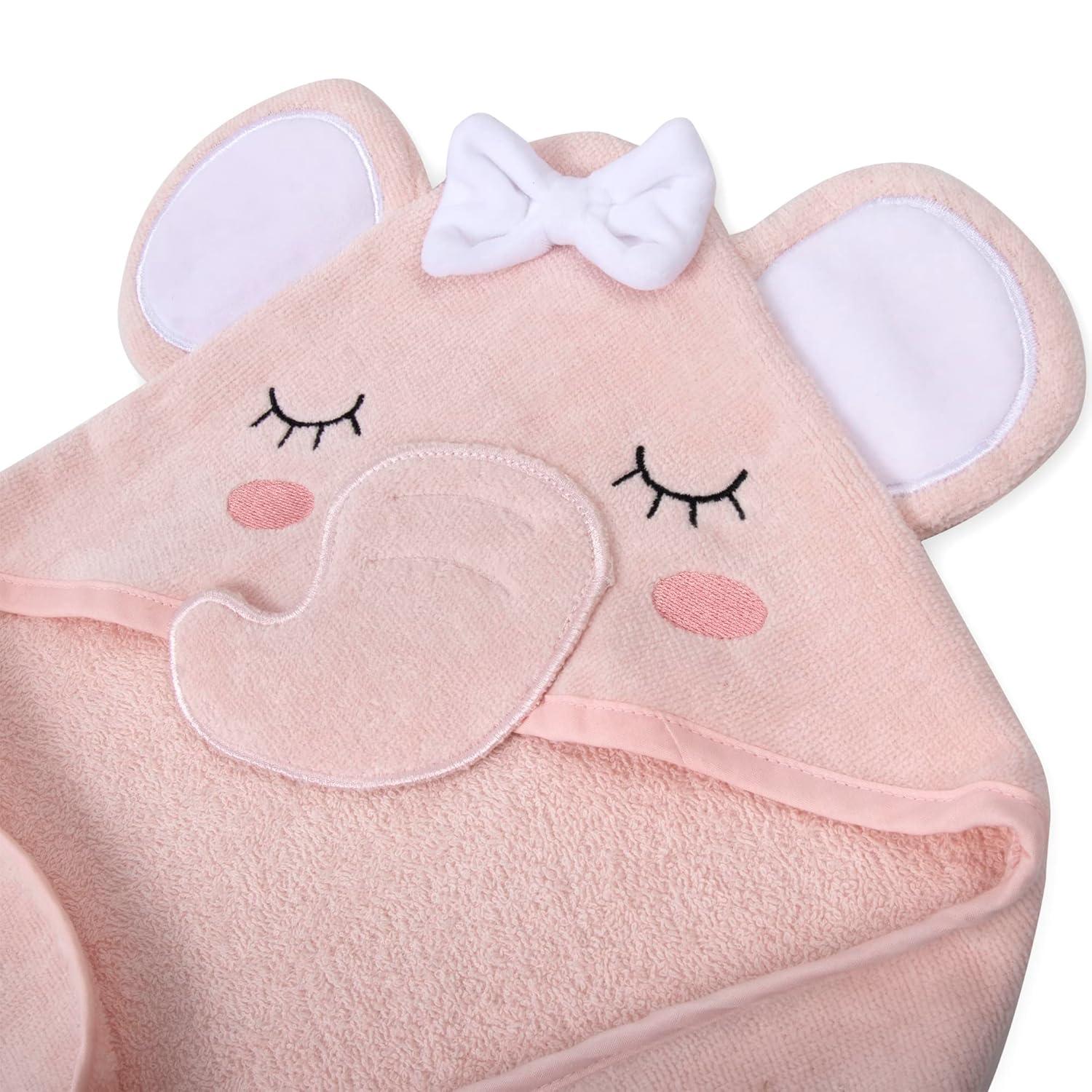 Delicate Pink Cotton Hooded Elephant Baby Washcloth and Towel Set