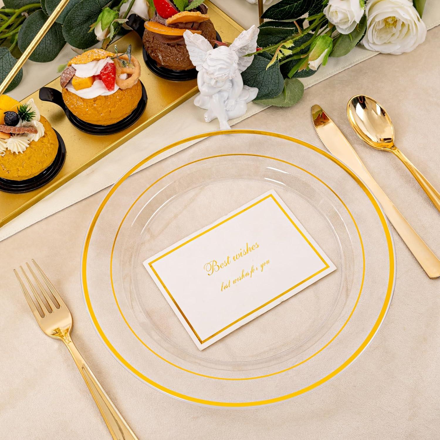 I00000 60pcs Plastic Gold Plates,10.25 inch Gold Rimmed Dinner Plates, White Disposable Plates, Parties or Wedding